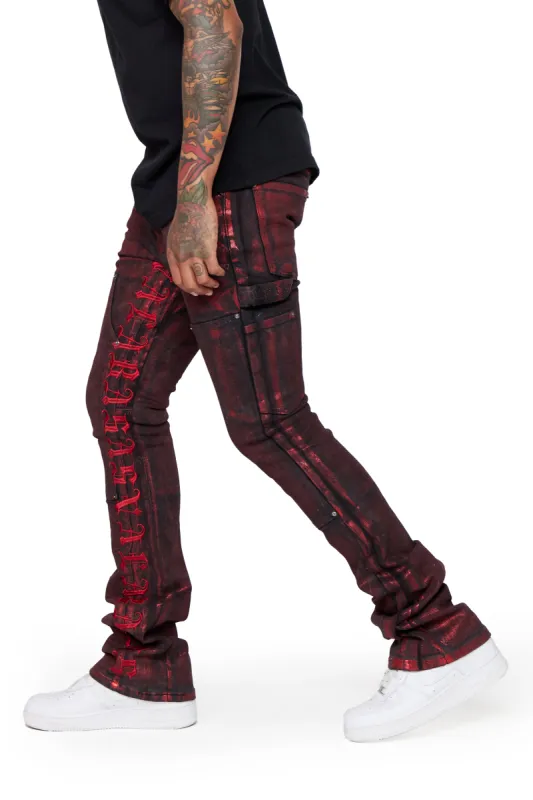 "AGATE" RED WAXED STACKED FLARE JEAN sold by valabasas