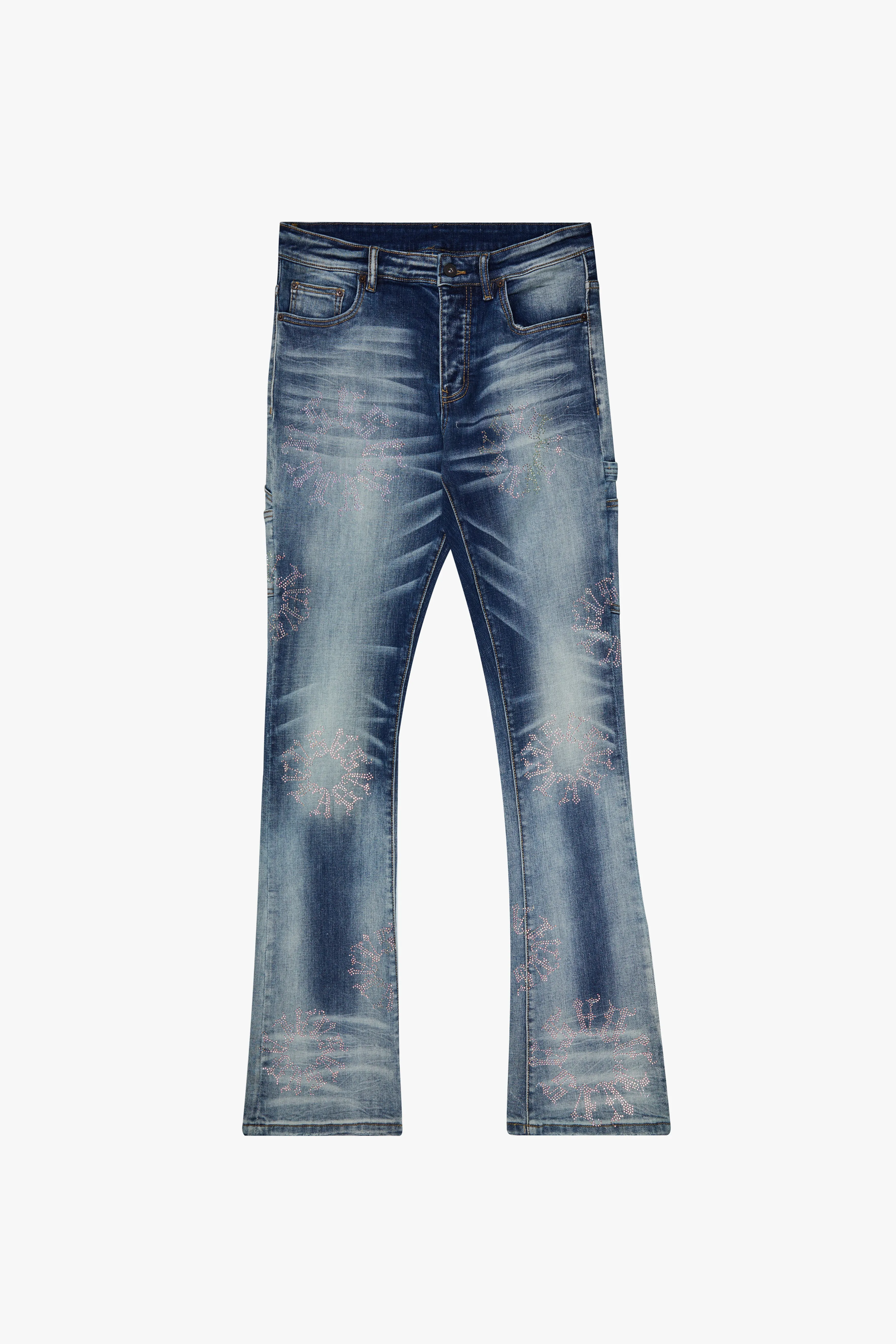 "RINGER” STACKED FLARE JEAN DARK BLUE WASH sold by valabasas