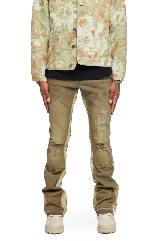 "ALPHA” OLIVE JACQUARD STACKED FLARE JEAN sold by valabasas