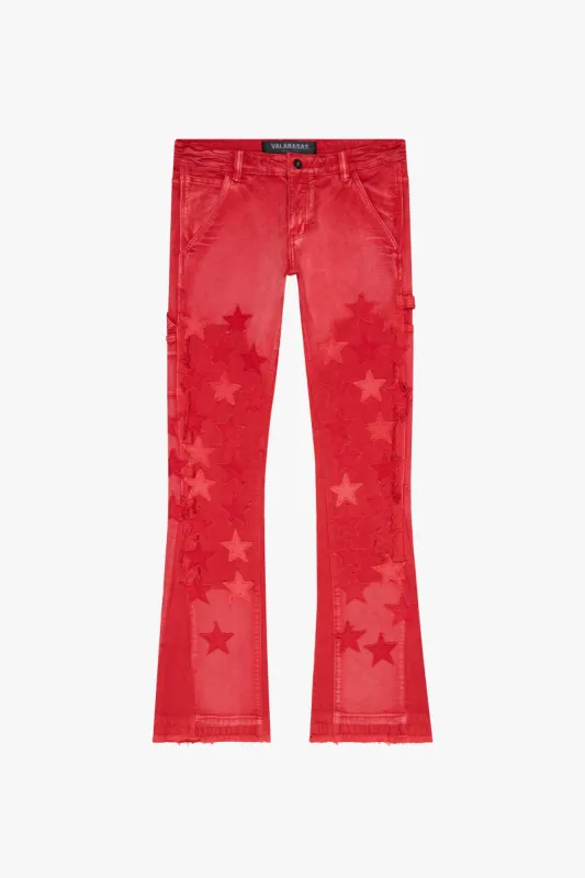 "V-STARS” RED WASH STACKED FLARE JEAN sold by valabasas