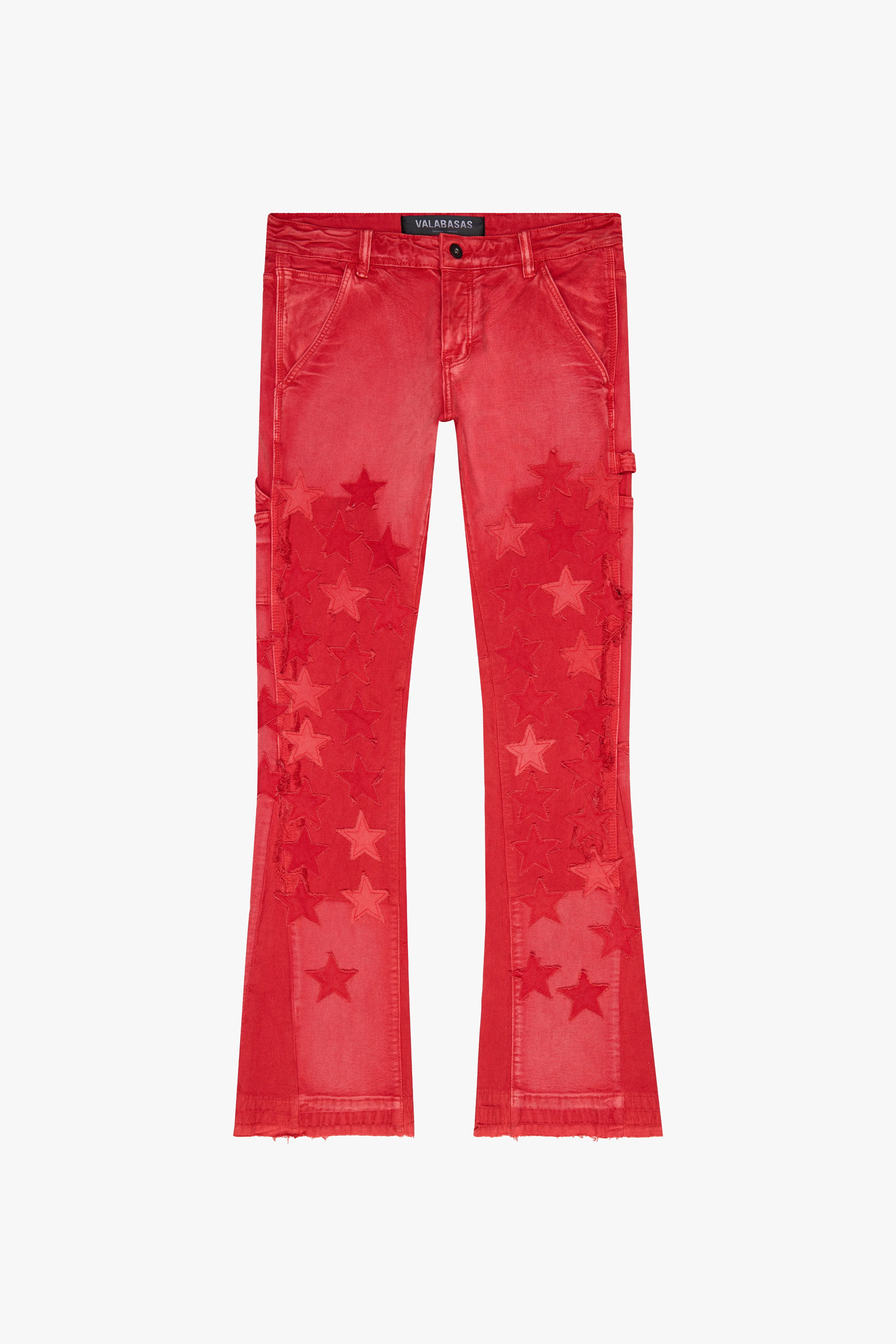"V-STARS” STACKED FLARE JEAN RED WASH sold by valabasas