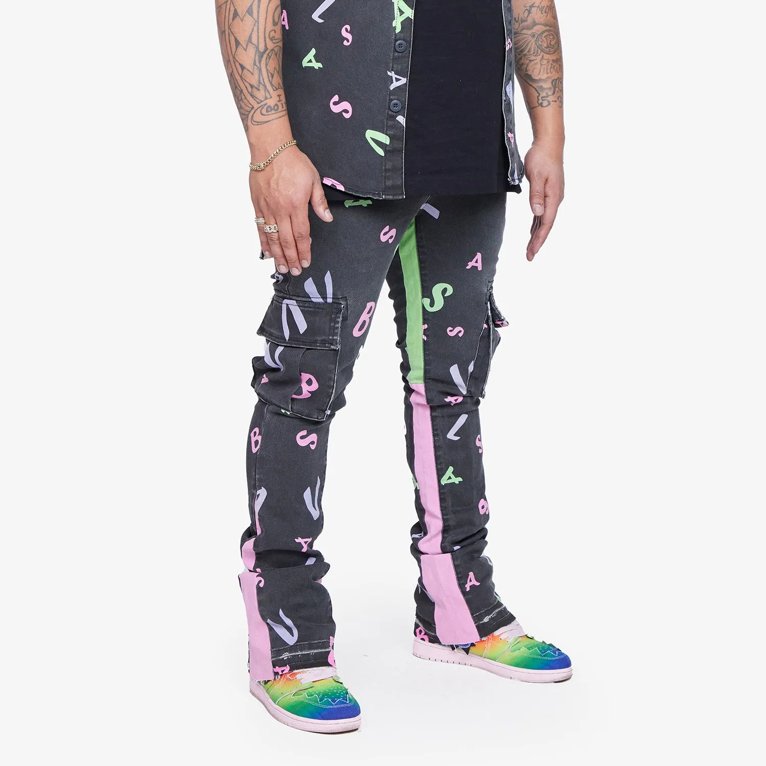 “PUZZLED” BLACK V CAMO STACKED FLARE JEAN sold by valabasas product image thumbnail 5