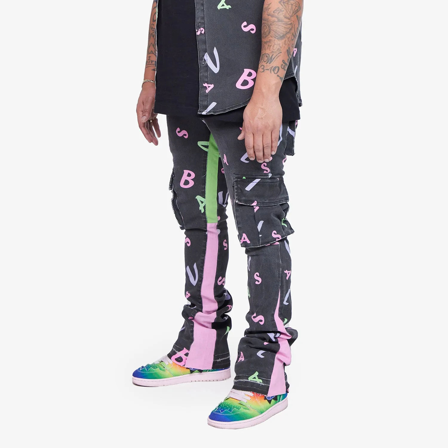 “PUZZLED” BLACK V CAMO STACKED FLARE JEAN sold by valabasas product image thumbnail 3