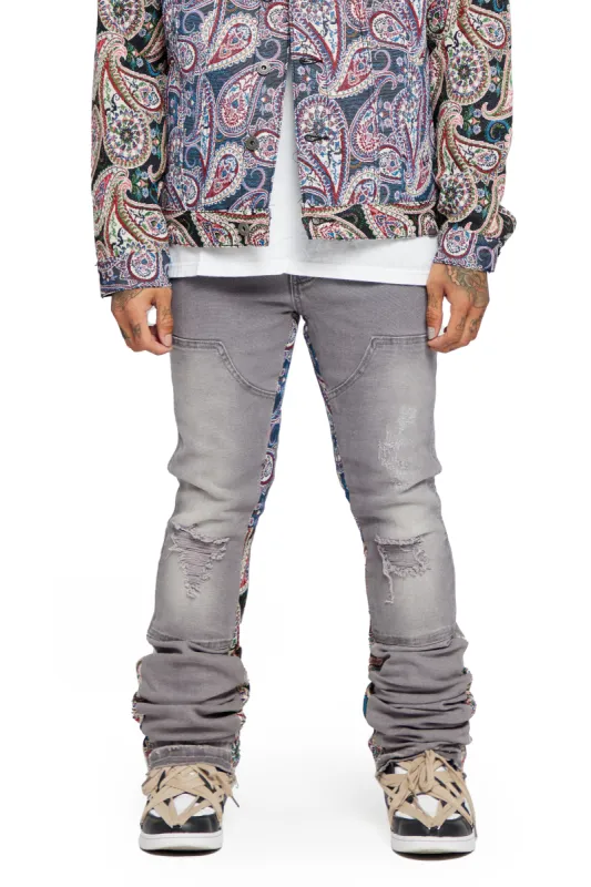 “ALPHA” GREY JACQUARD STACKED FLARE JEAN sold by valabasas