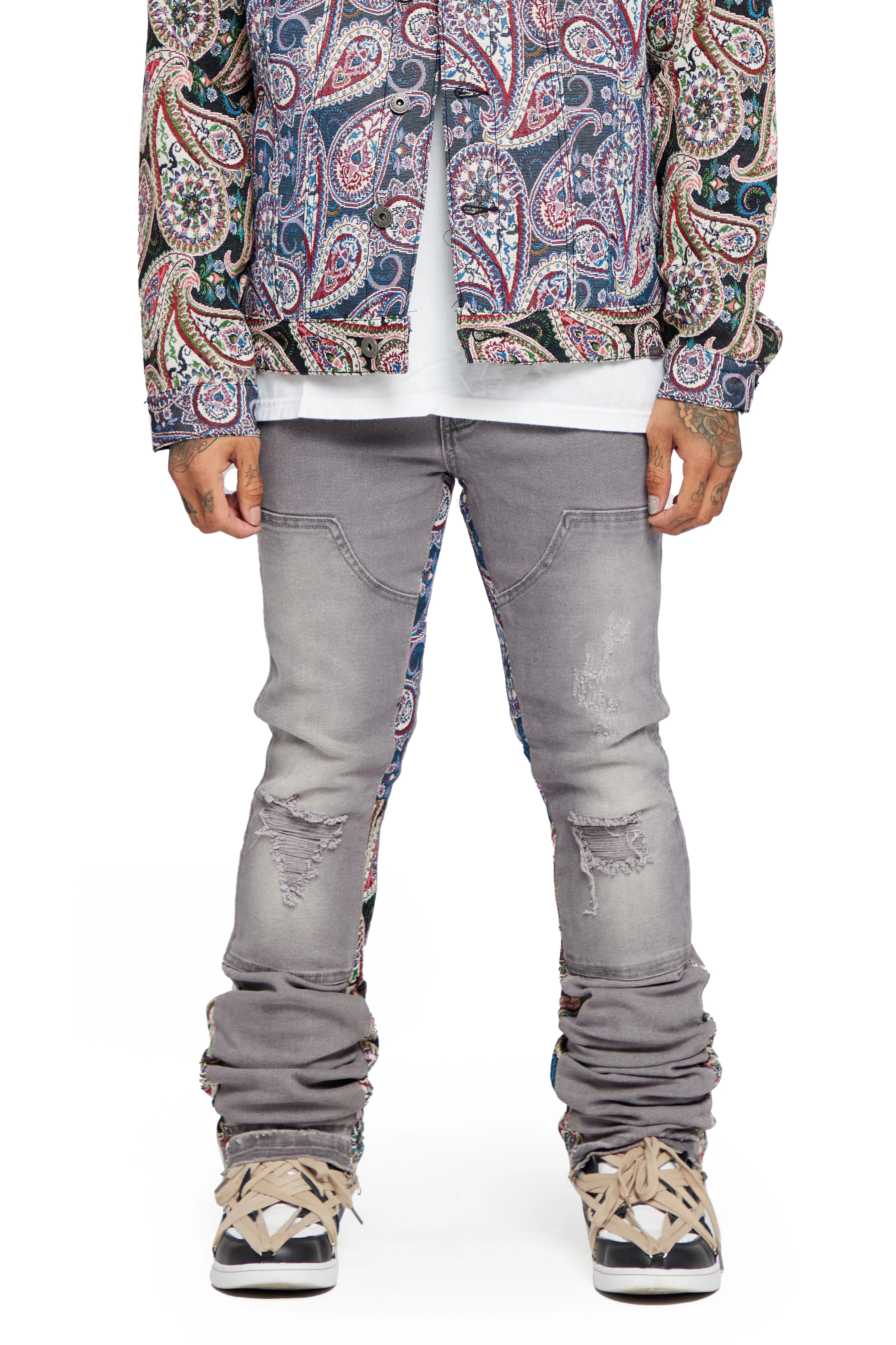 “ALPHA” GREY JACQUARD STACKED FLARE JEAN sold by valabasas