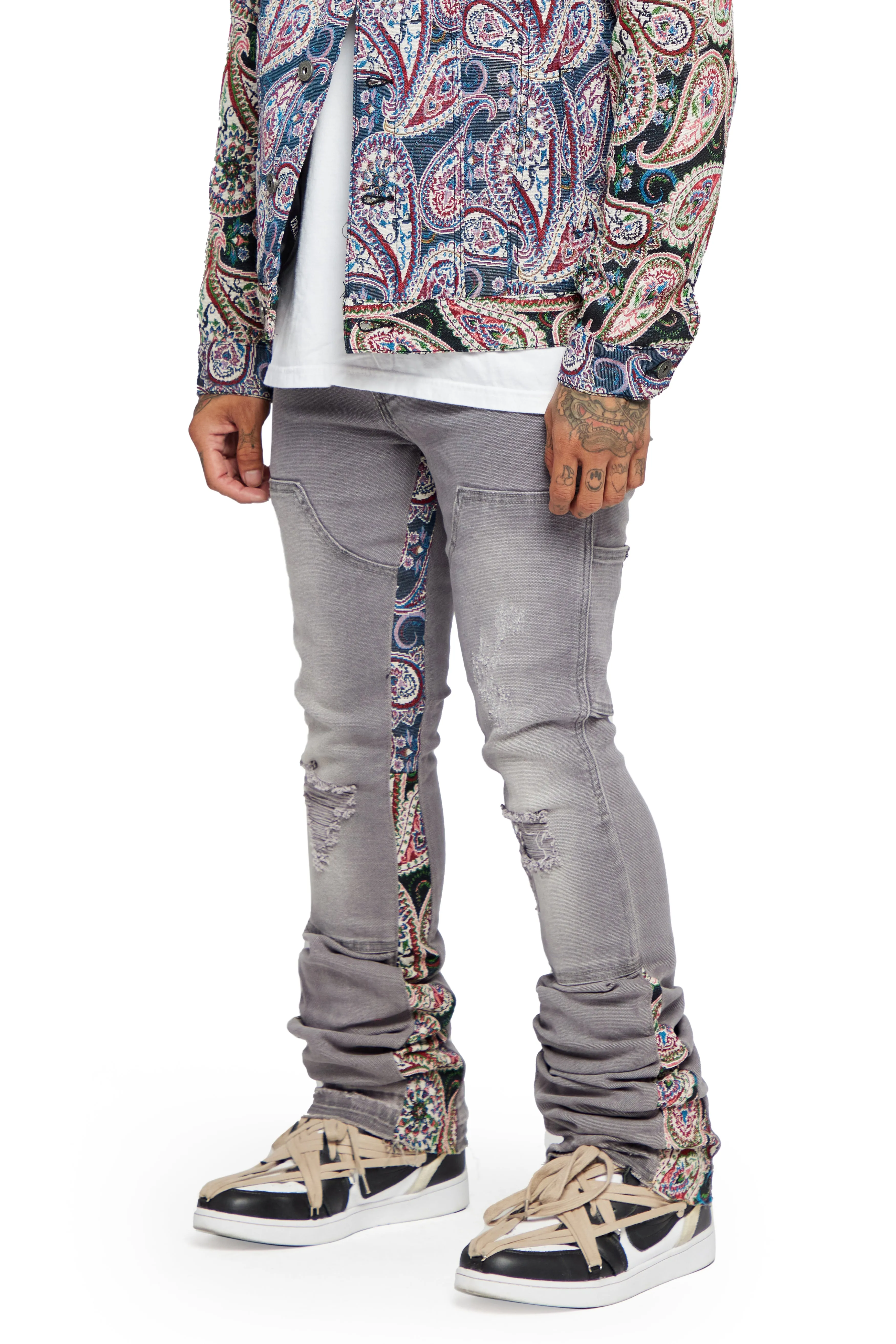 “ALPHA” GREY JACQUARD STACKED FLARE JEAN sold by valabasas product image thumbnail 3