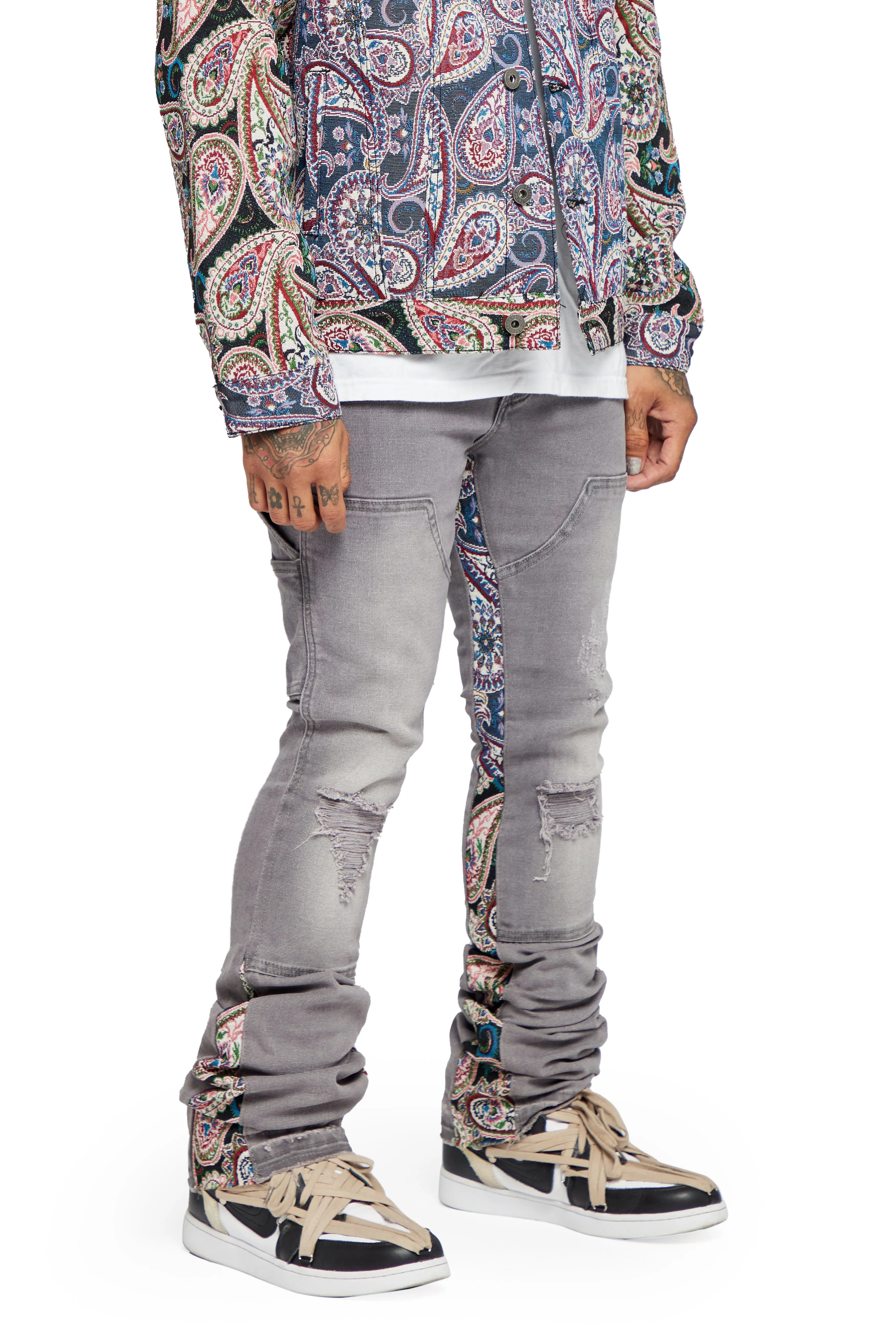“ALPHA” GREY JACQUARD STACKED FLARE JEAN sold by valabasas product image thumbnail 4