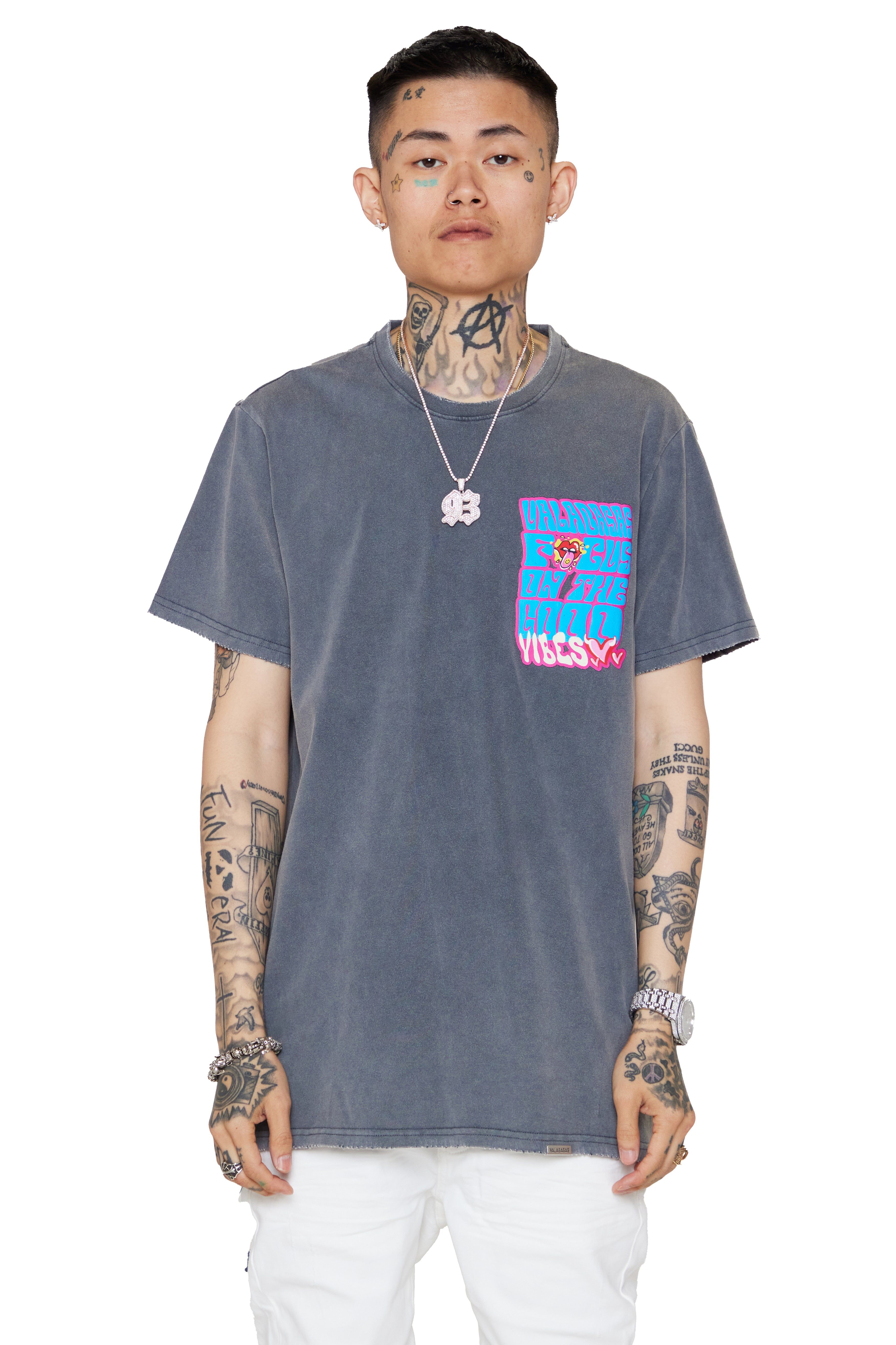 "GOOD VIBES" VINTAGE GREY TEE sold by valabasas