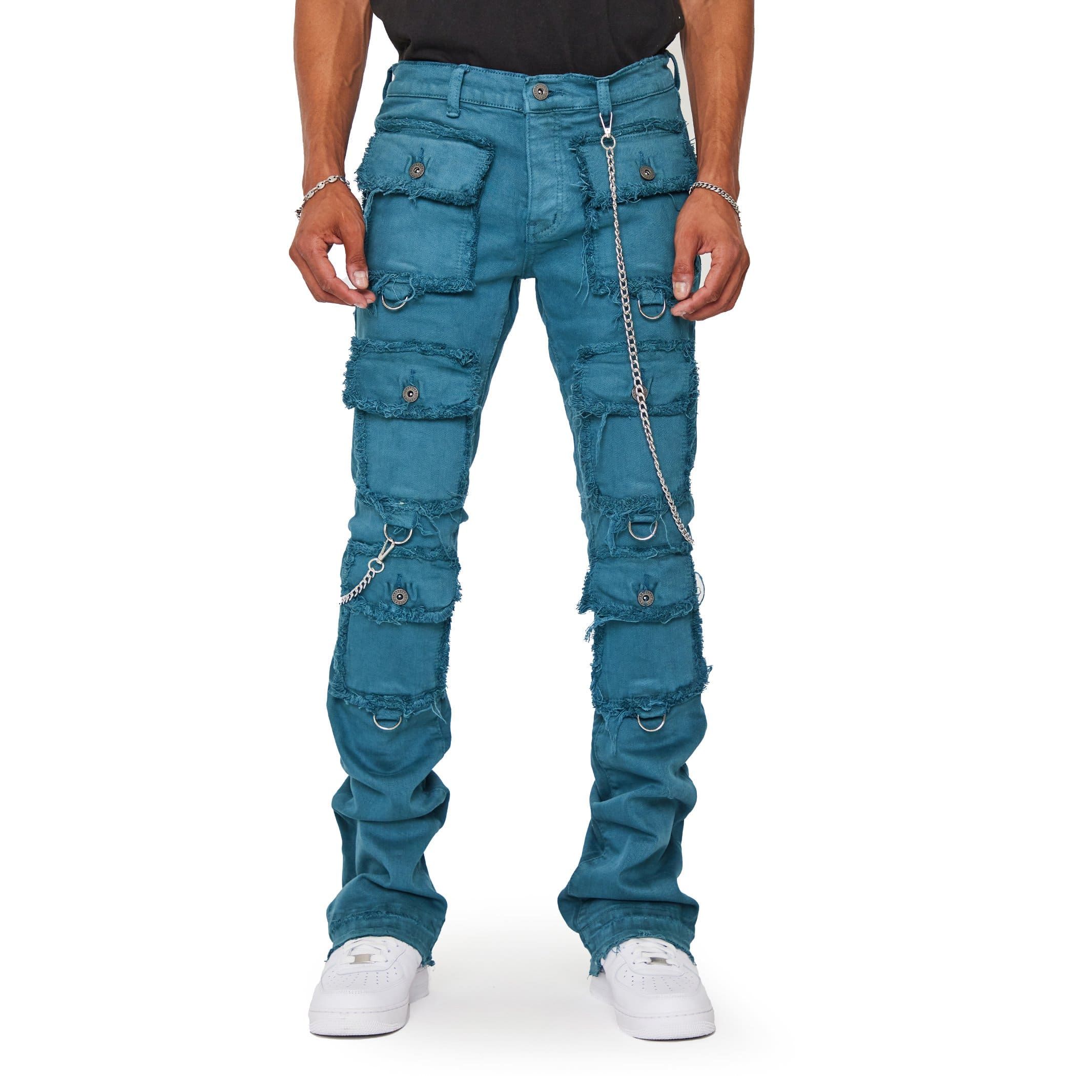 “HYBRID'’ VERDE ACQUA STACKED FLARE JEAN sold by valabasas