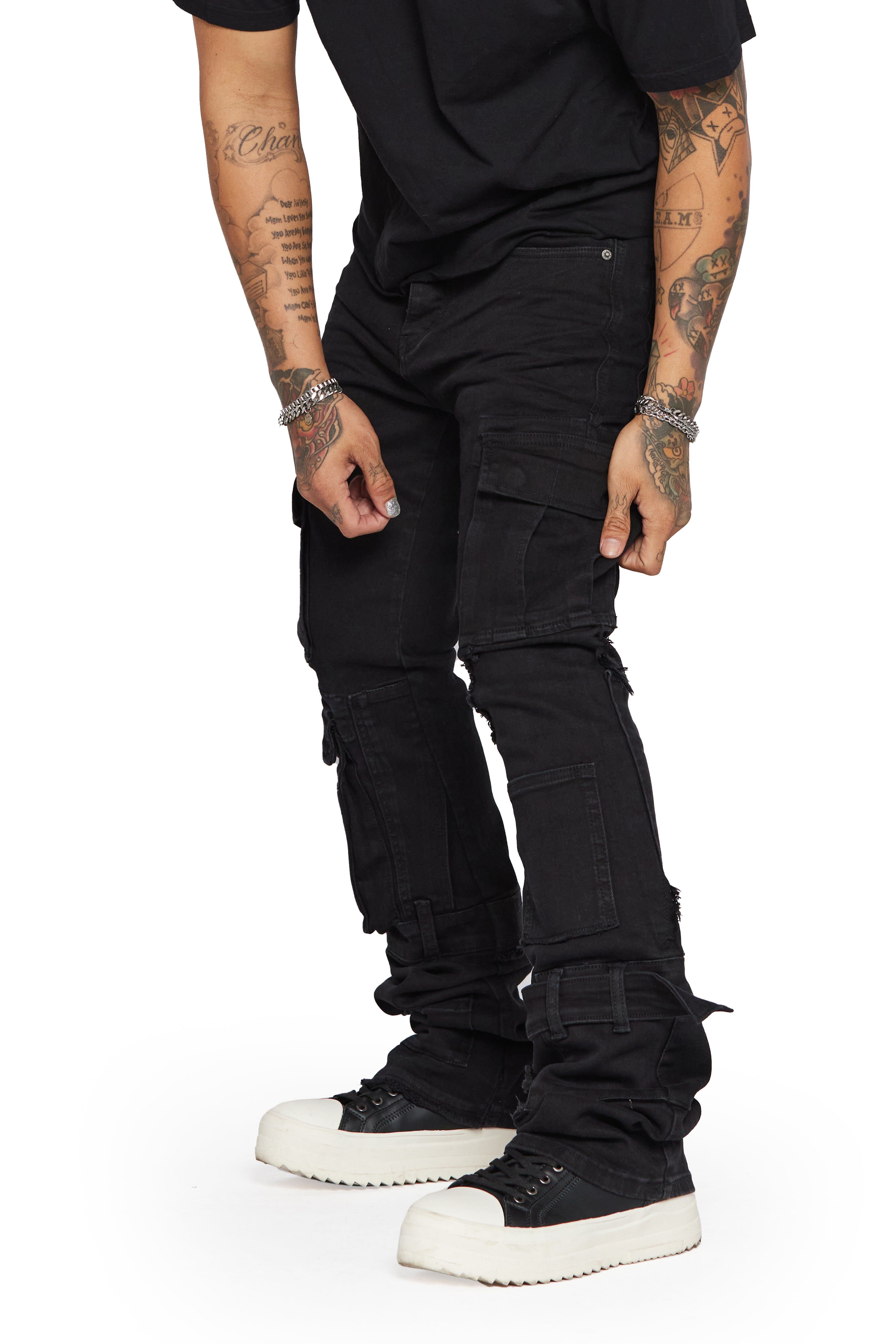 “BRIDGER” BLACK SUPER STACKED FLARE JEANS sold by valabasas