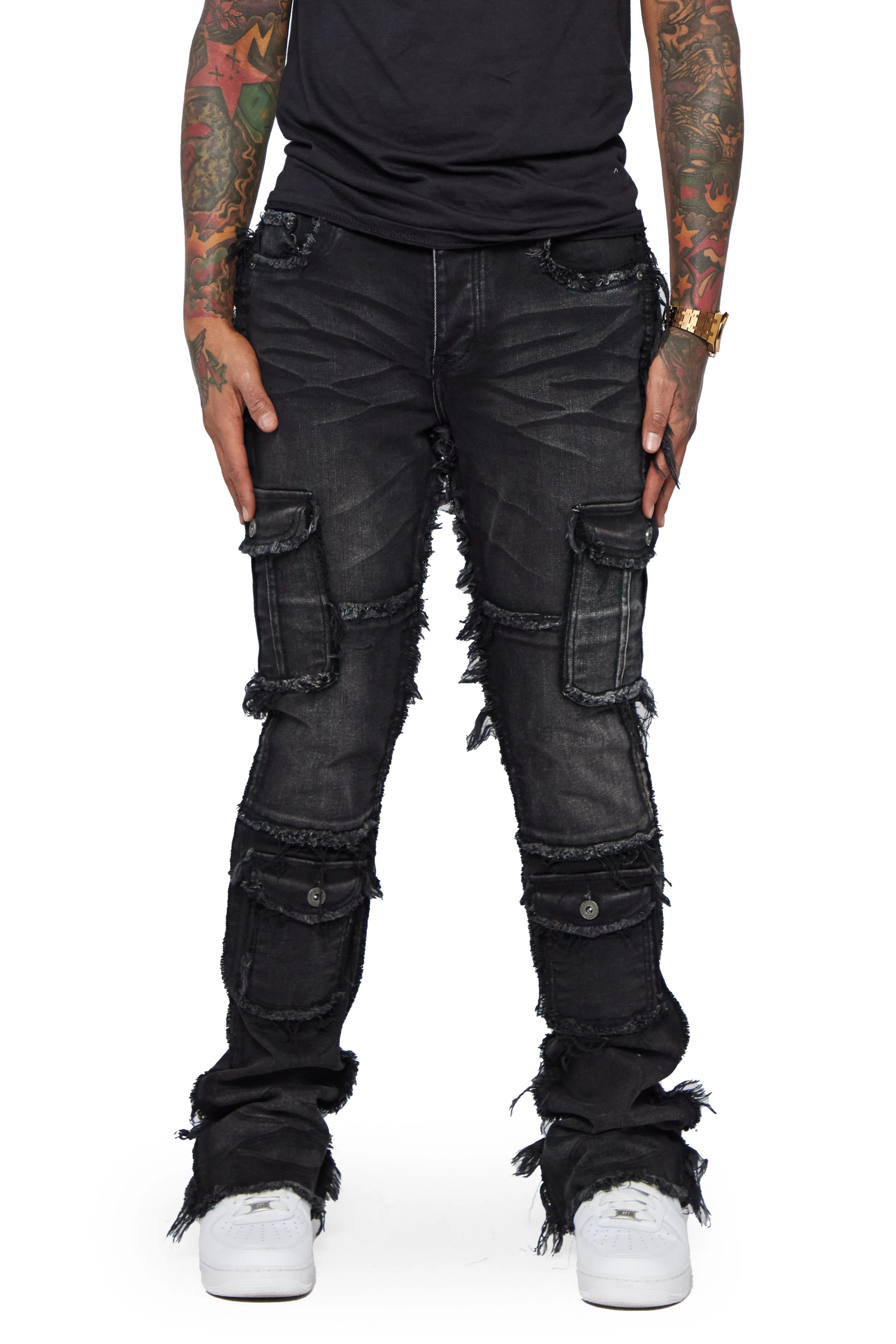 "AERERINE” VINTAGE GREY STACKED FLARE JEAN sold by valabasas