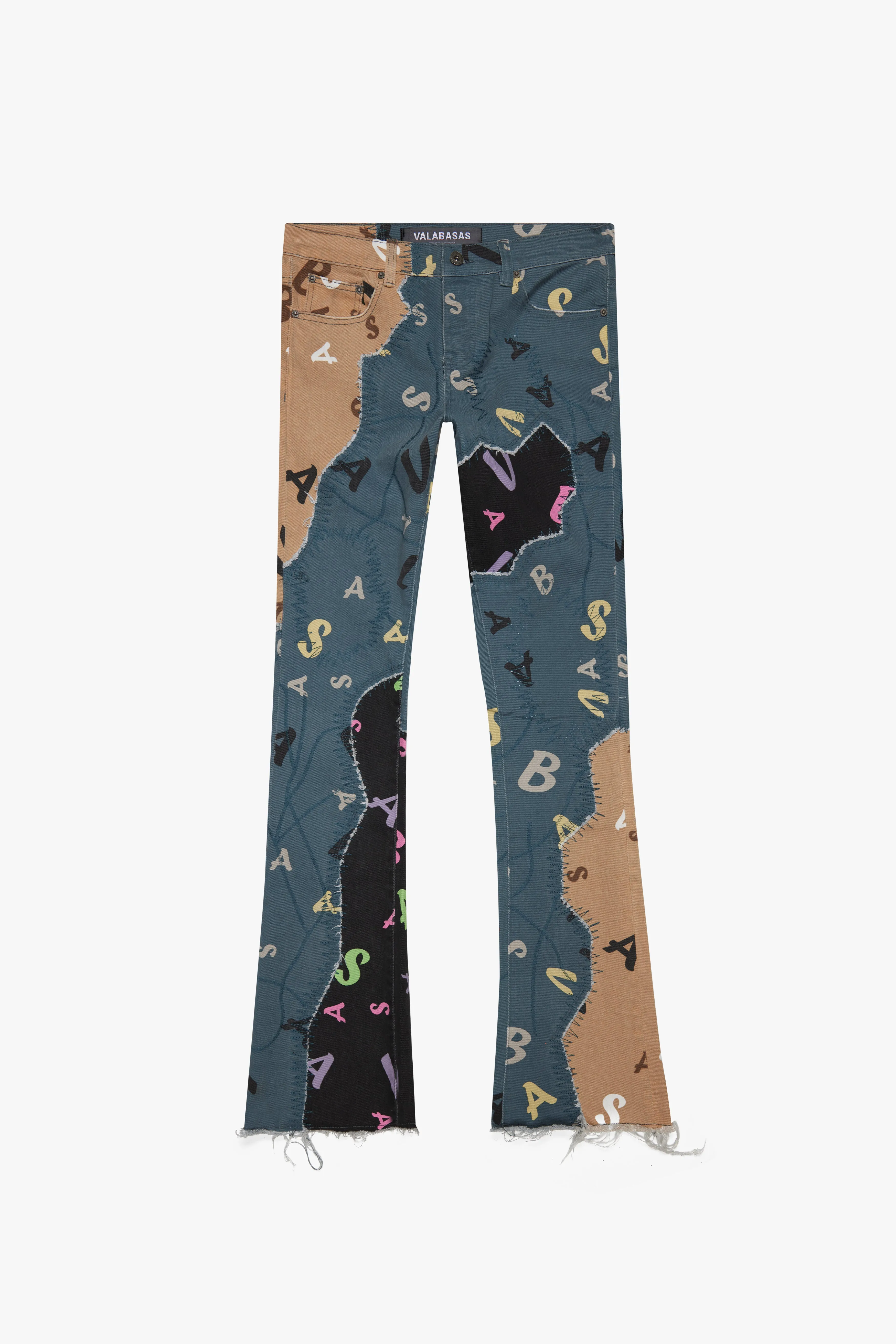 "DISTRACTED" KHAKI-BLUE STACKED FLARE JEAN sold by valabasas