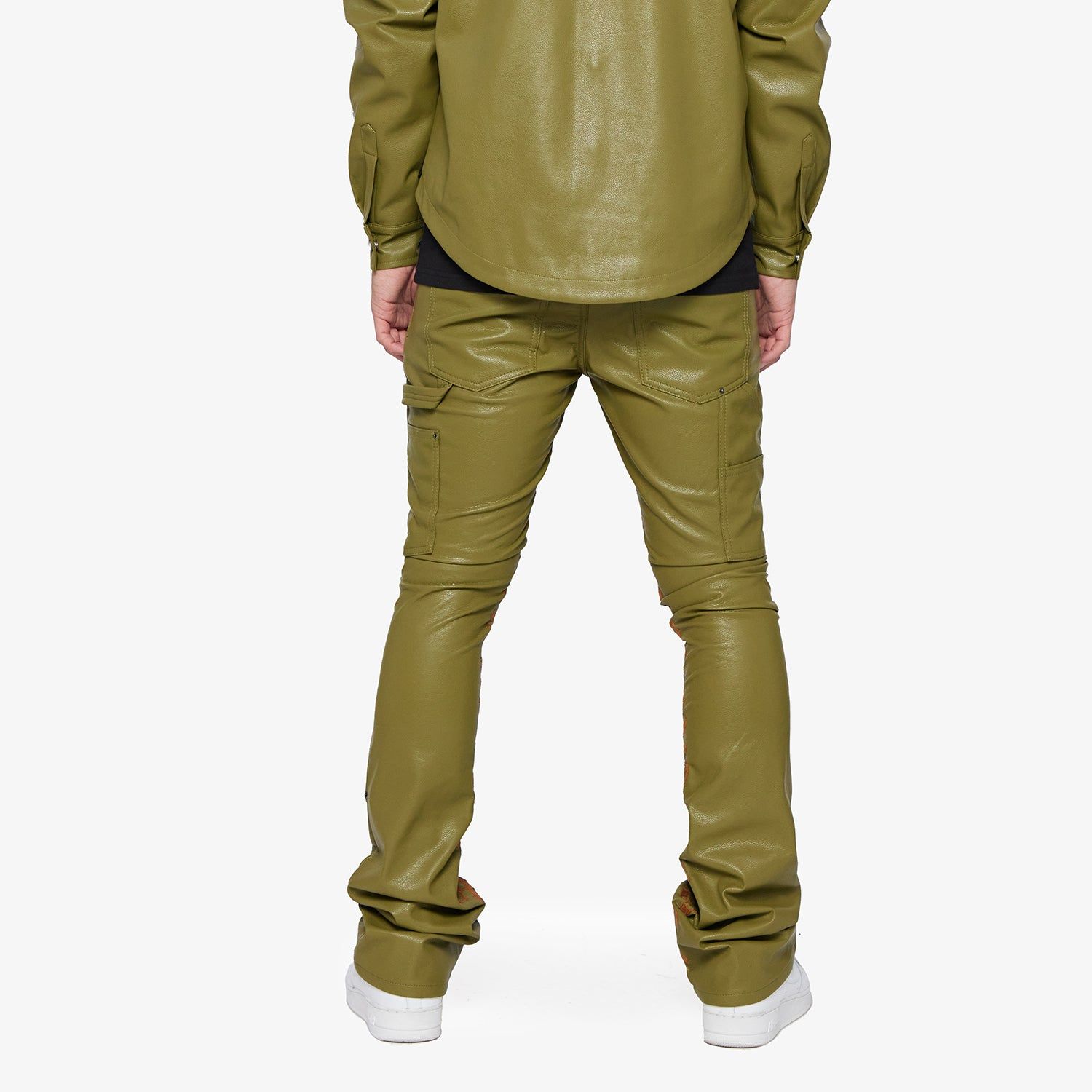 "SUPERIOR WORLD" OLIVE LEATHER STACKED FLARE JEAN sold by valabasas product image thumbnail 4