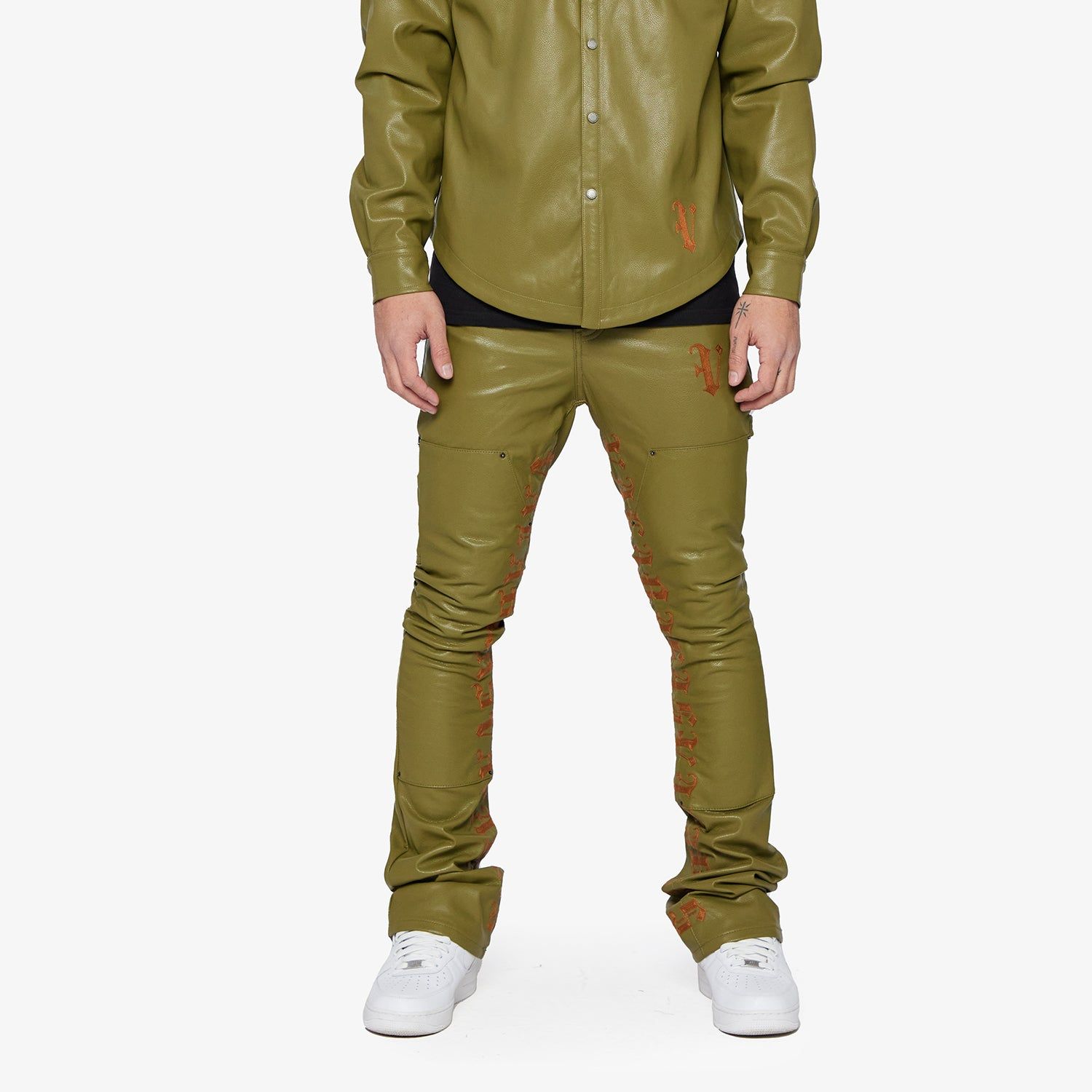 "SUPERIOR WORLD" OLIVE LEATHER STACKED FLARE JEAN sold by valabasas