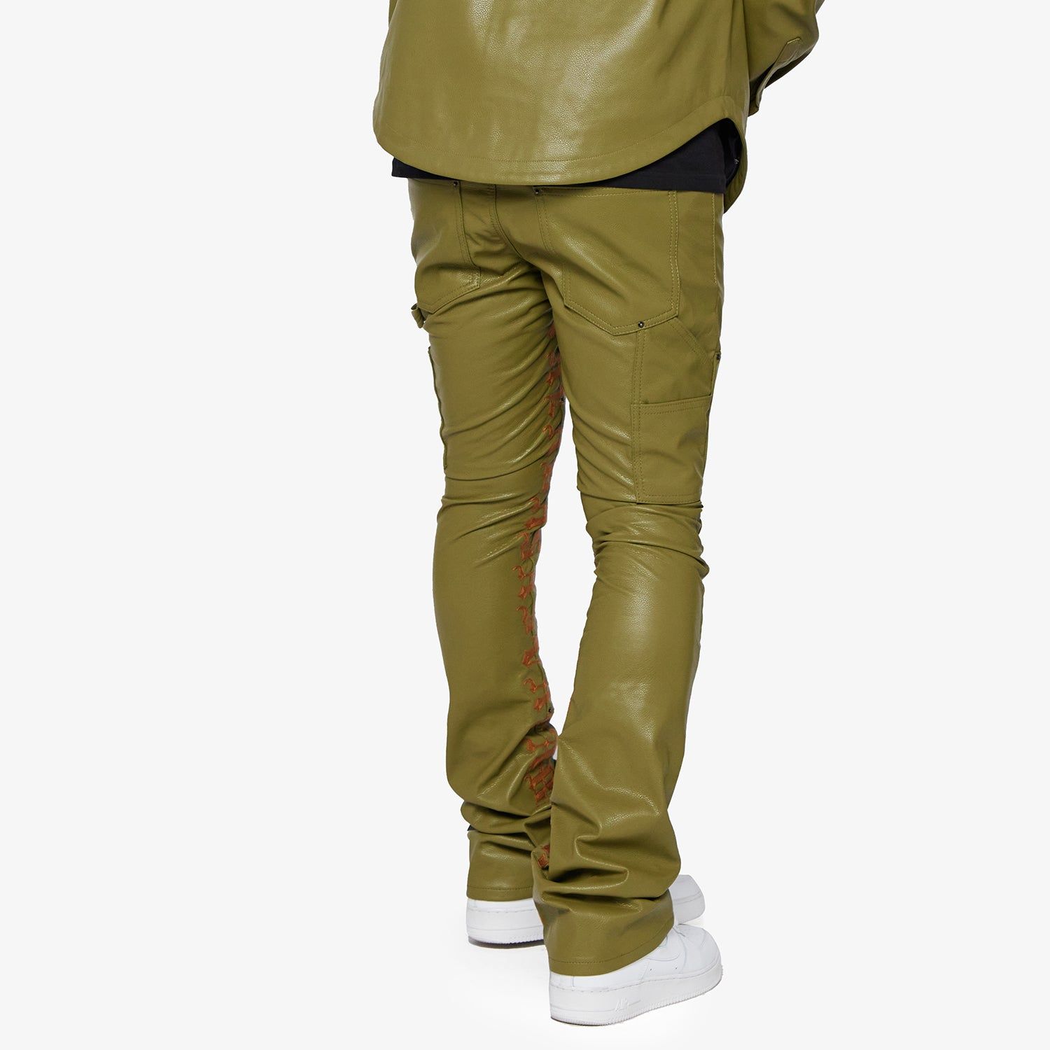 "SUPERIOR WORLD" OLIVE LEATHER STACKED FLARE JEAN sold by valabasas product image thumbnail 6