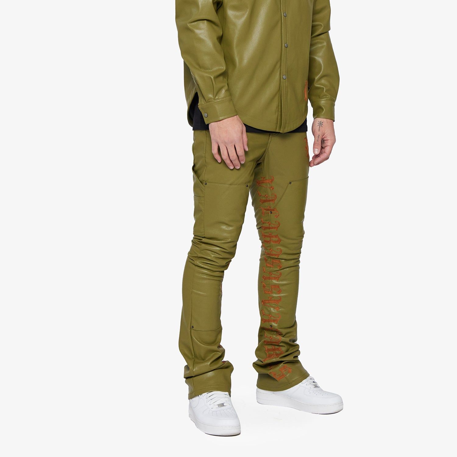 "SUPERIOR WORLD" OLIVE LEATHER STACKED FLARE JEAN sold by valabasas product image thumbnail 3