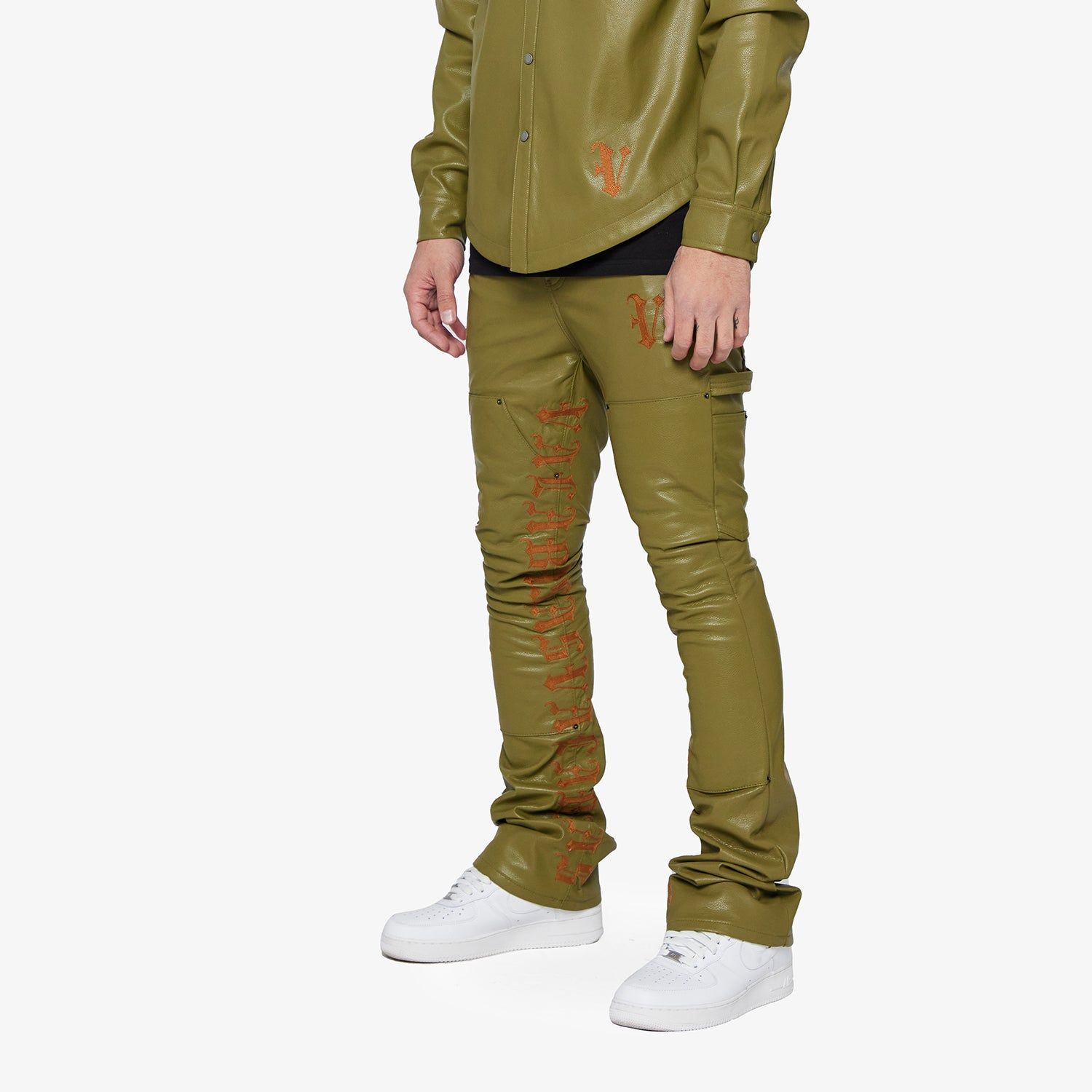 "SUPERIOR WORLD" OLIVE LEATHER STACKED FLARE JEAN sold by valabasas product image thumbnail 5