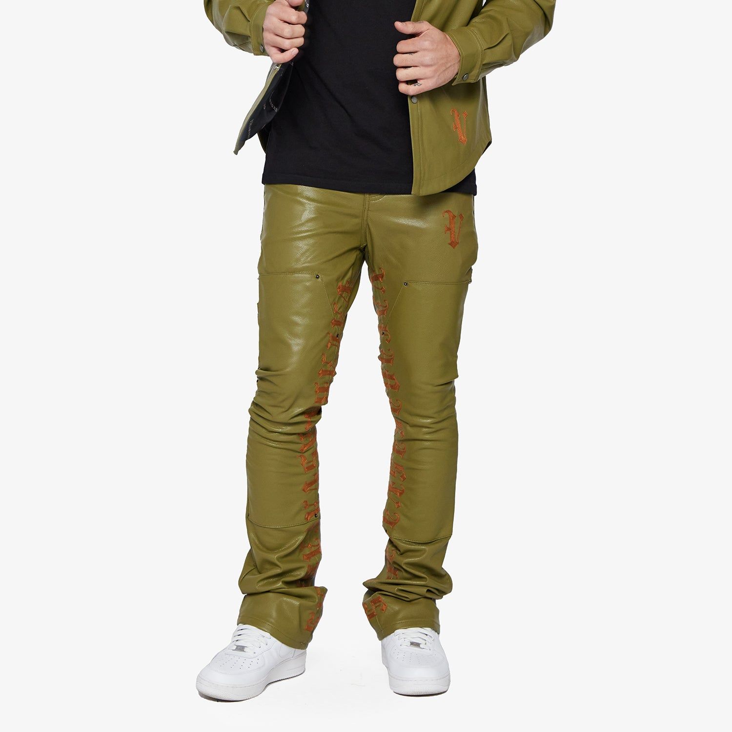 "SUPERIOR WORLD" OLIVE LEATHER STACKED FLARE JEAN sold by valabasas product image thumbnail 2