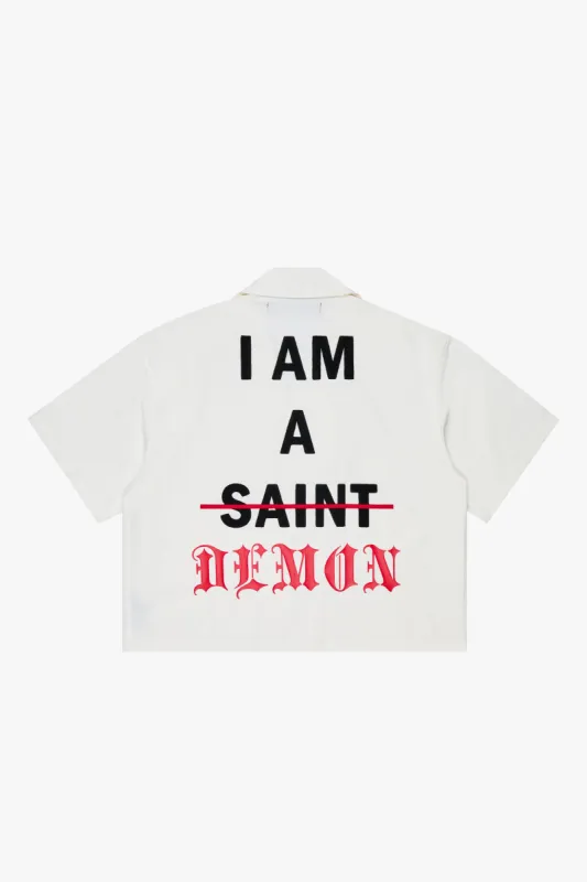 "DIVINITY DUALITY" WHITE CROP BUTTON DOWN made by valabasas