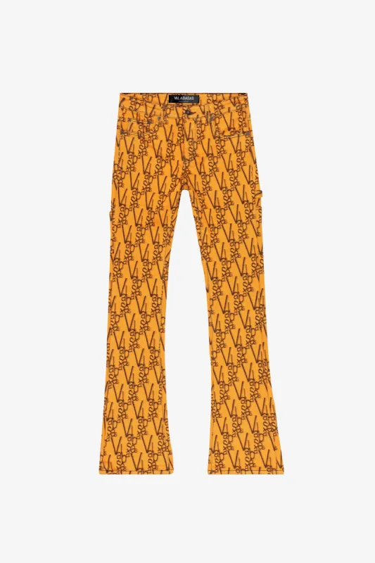 "V-SCRAWL" STACKED FLARE JEAN BLACK ORANGE sold by valabasas