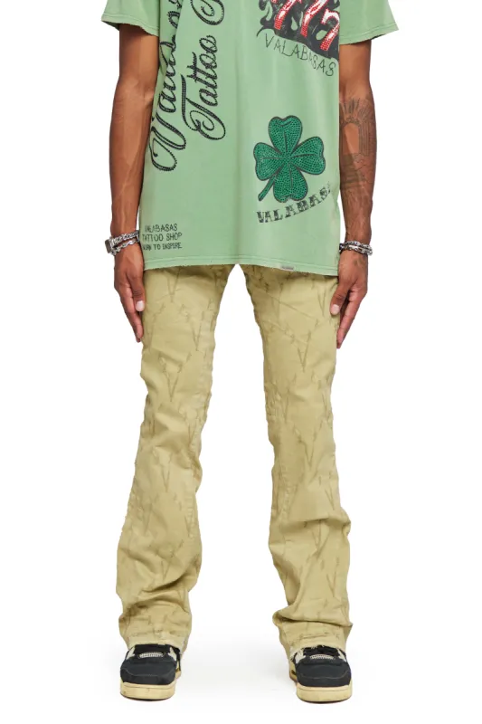 “V LOVE”  STACKED FLARE JEAN OLIVE sold by valabasas