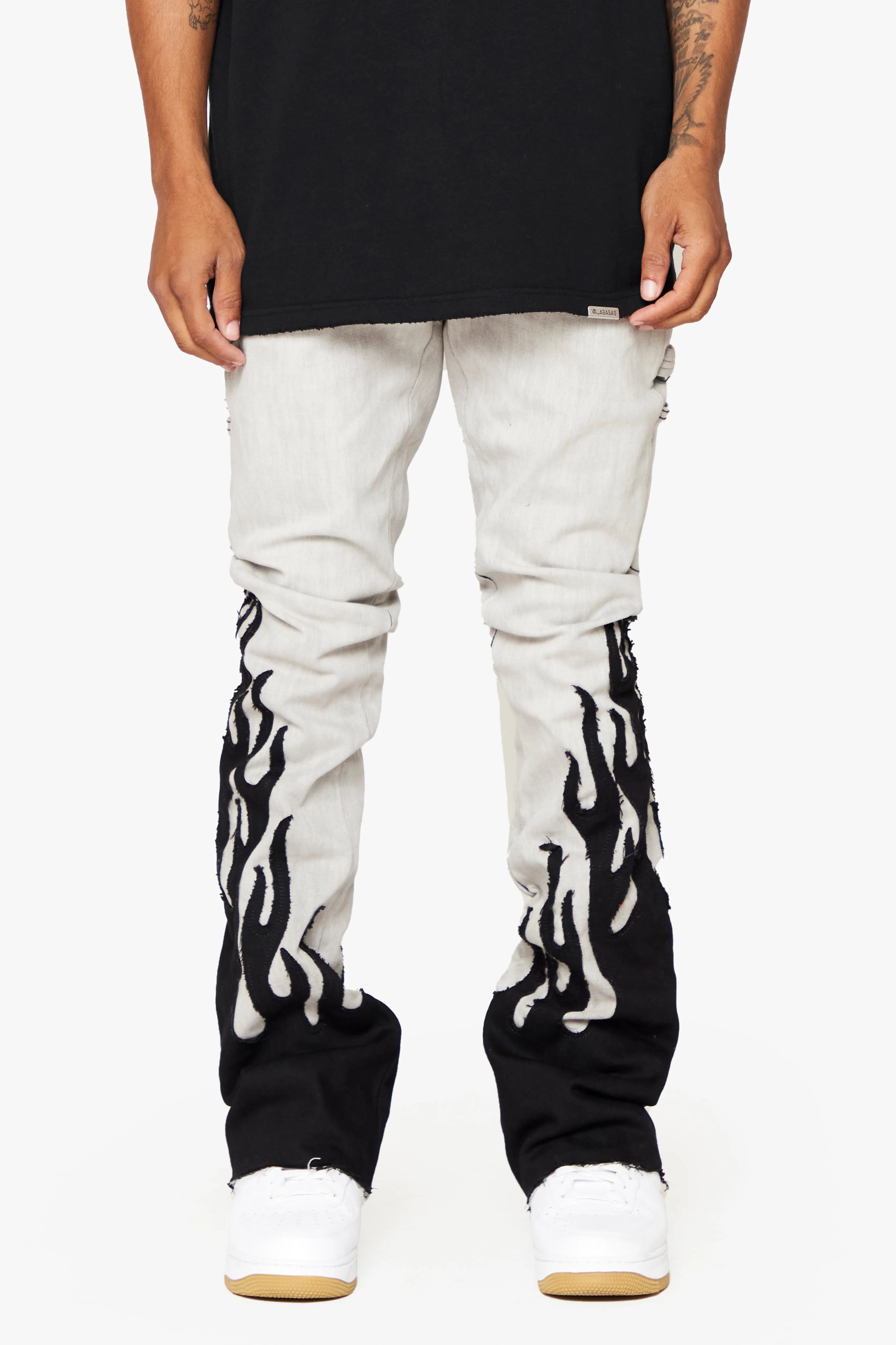 "FLAME" WHITE BLACK STACKED FLARE JEAN sold by valabasas