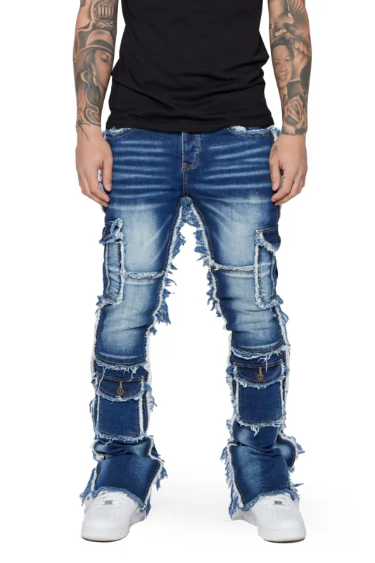 "AERERINE" DARK BLUE WASHED STACKED FLARE JEAN sold by valabasas