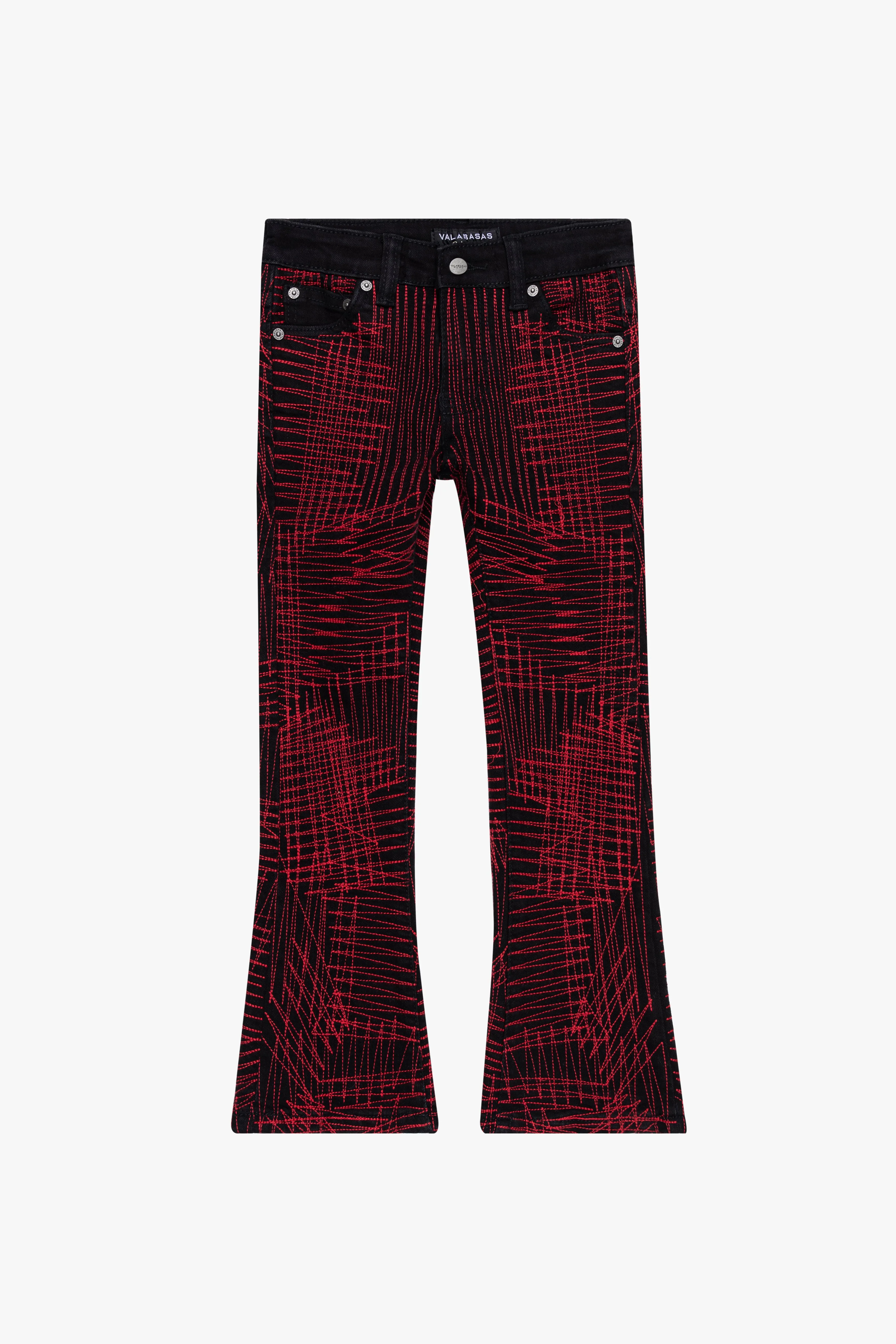 "MR. EMBROIDERY" STACKED FLARE JEAN CRIMSON NOIR sold by valabasas