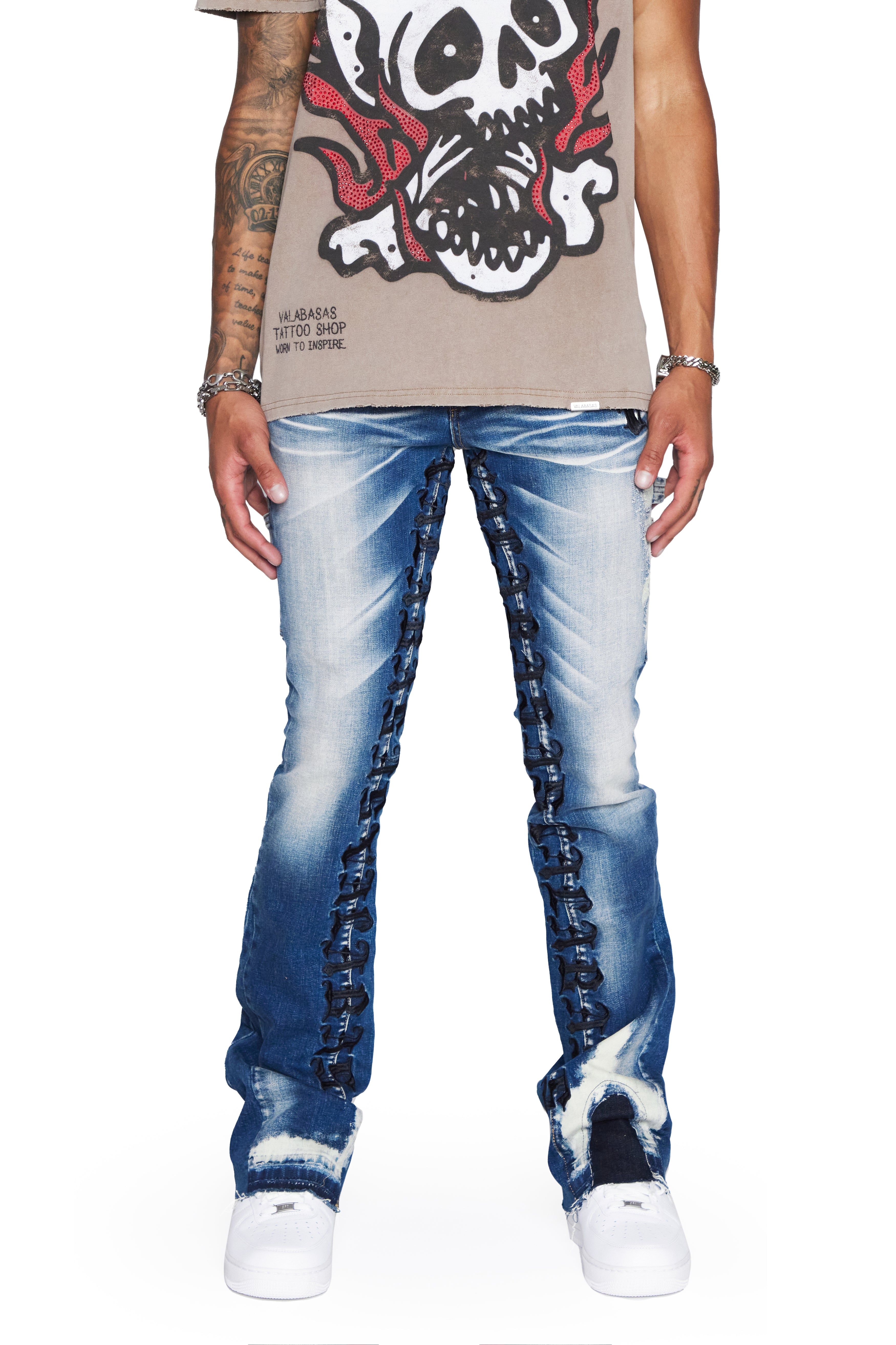 “EIGHTY 5’S STACKED” LT WASHED STACKED FLARE JEAN sold by valabasas