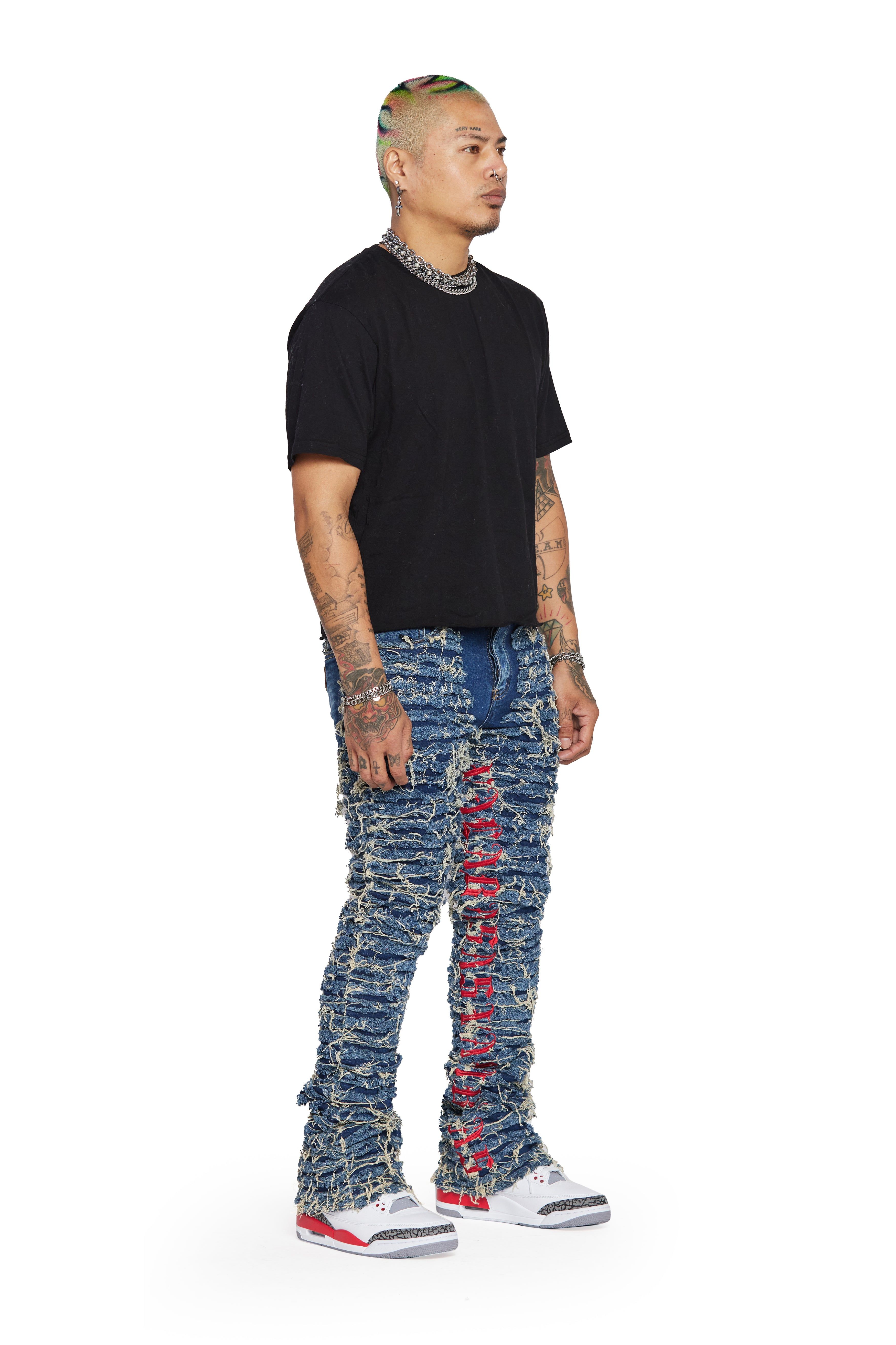 “IRONIC” BLUE RED STACKED FLARE JEAN sold by valabasas product image thumbnail 5