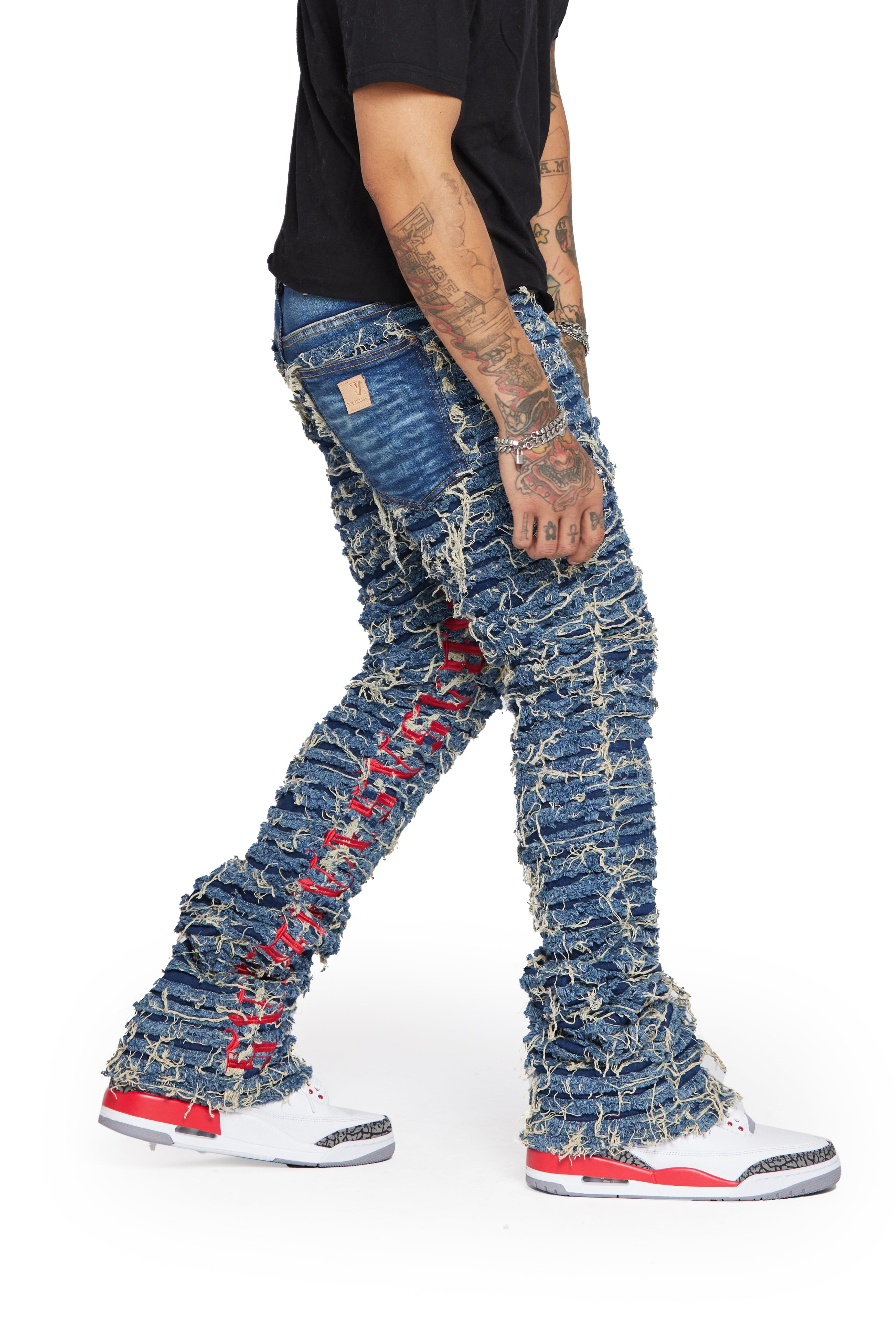“IRONIC” BLUE RED STACKED FLARE JEAN sold by valabasas