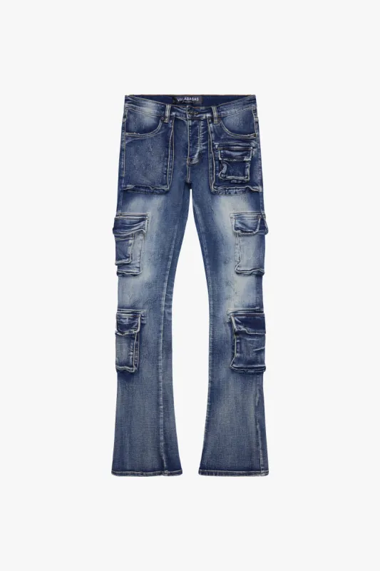 "EXPANSE” BLUE WASH STACKED FLARE JEAN sold by valabasas