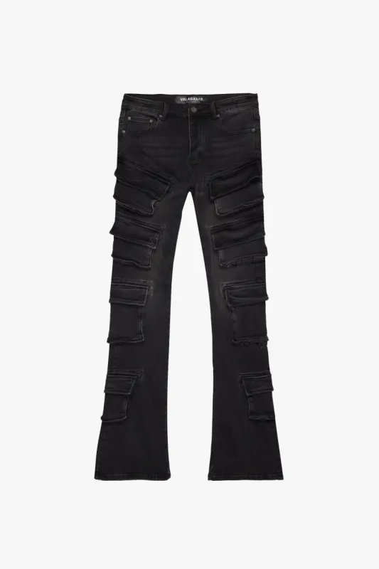 "PINNACLE” BLACK/GREY STACKED FLARE JEAN sold by valabasas