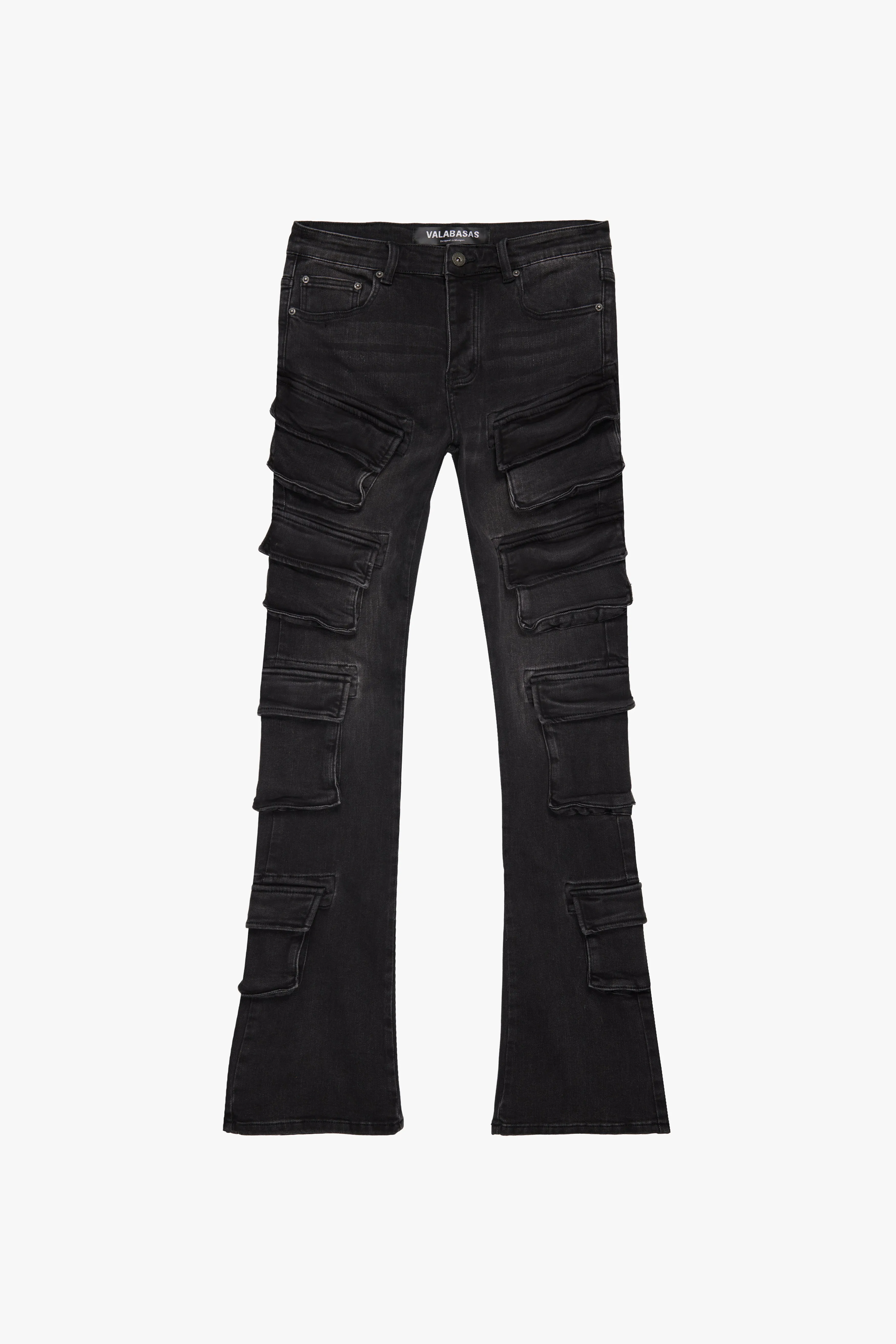 "PINNACLE” BLACK/GREY STACKED FLARE JEAN sold by valabasas