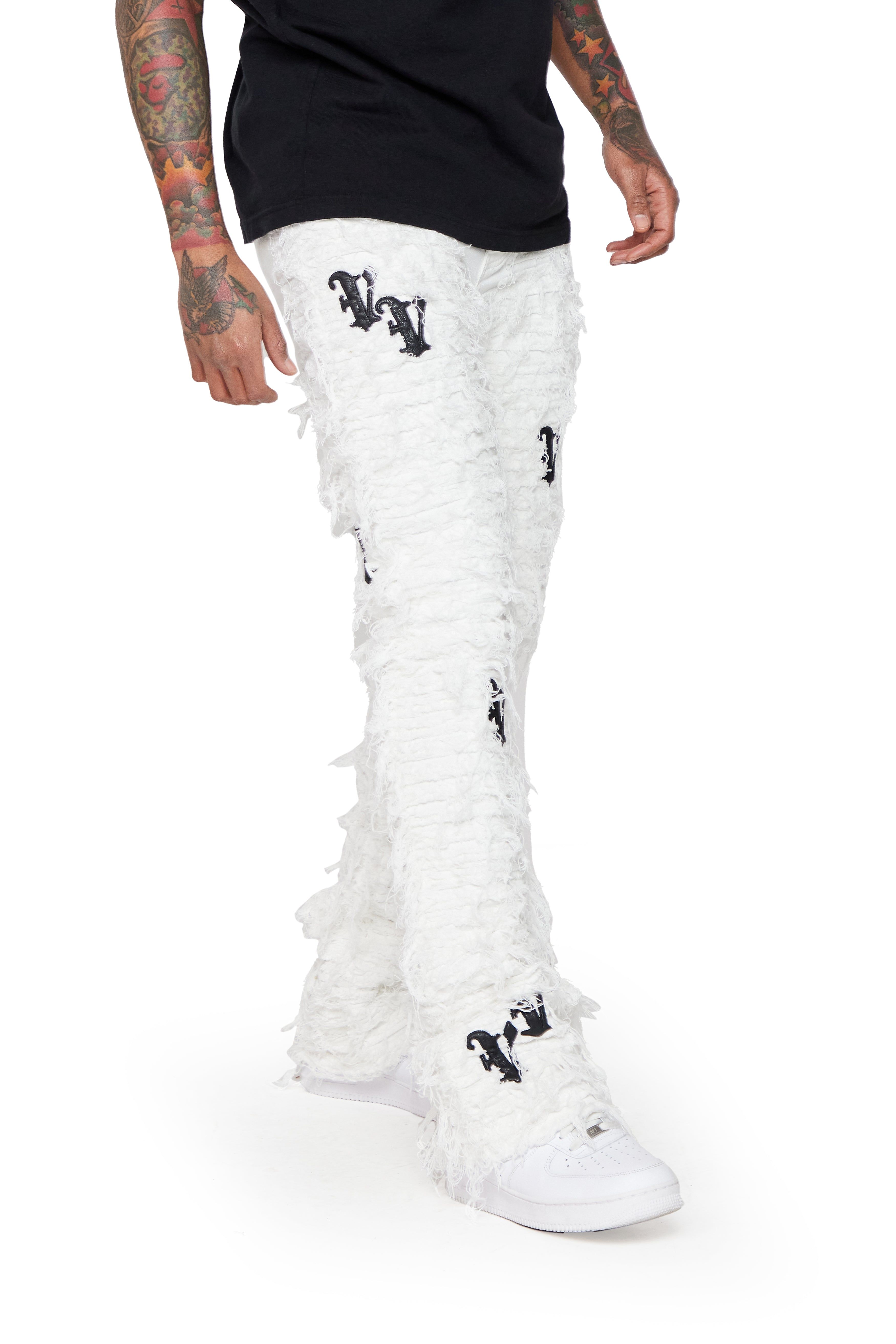 “V-IRONIC” WHITE BLACK STACKED FLARE JEAN sold by valabasas