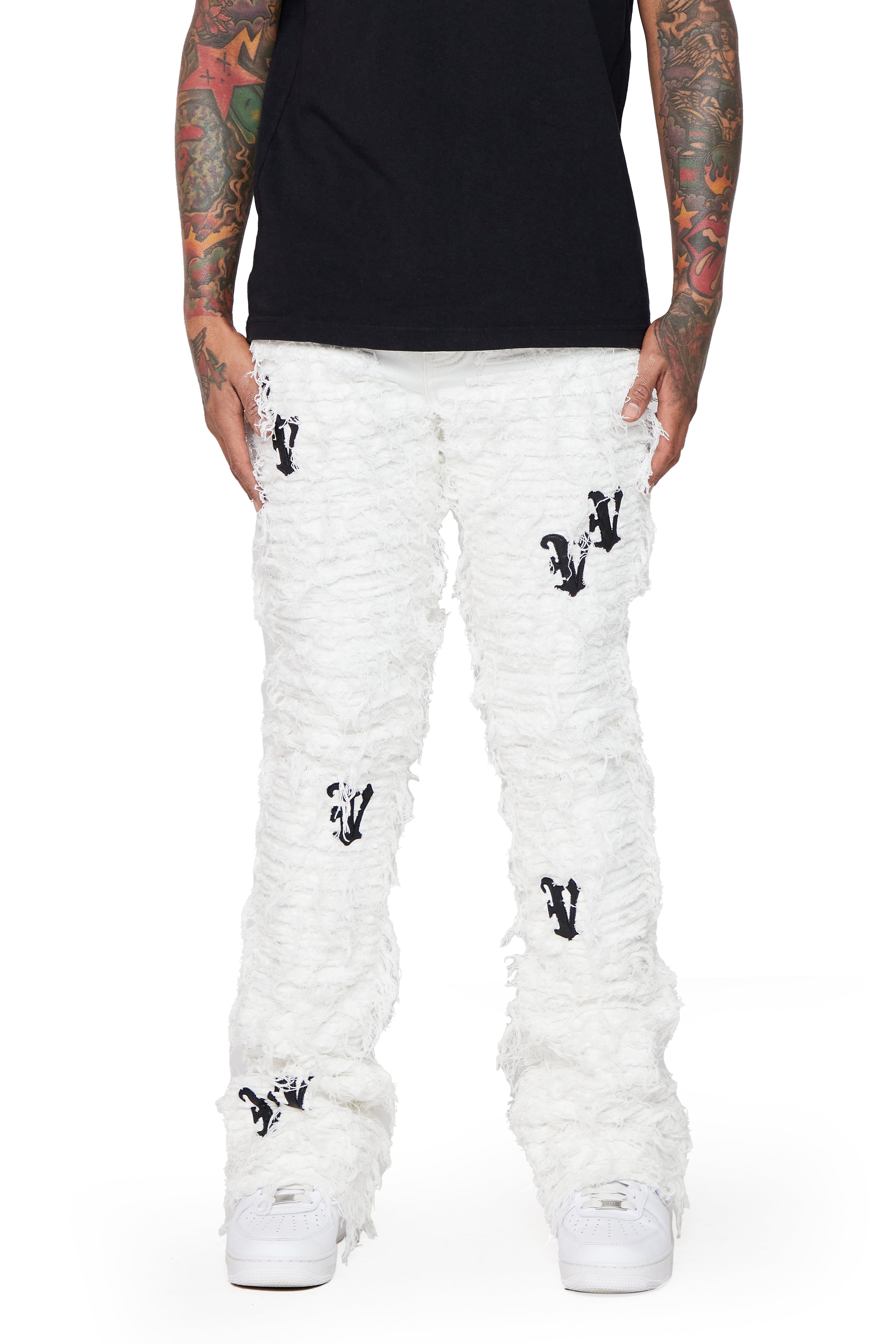 “V-IRONIC” WHITE BLACK STACKED FLARE JEAN sold by valabasas product image thumbnail 3