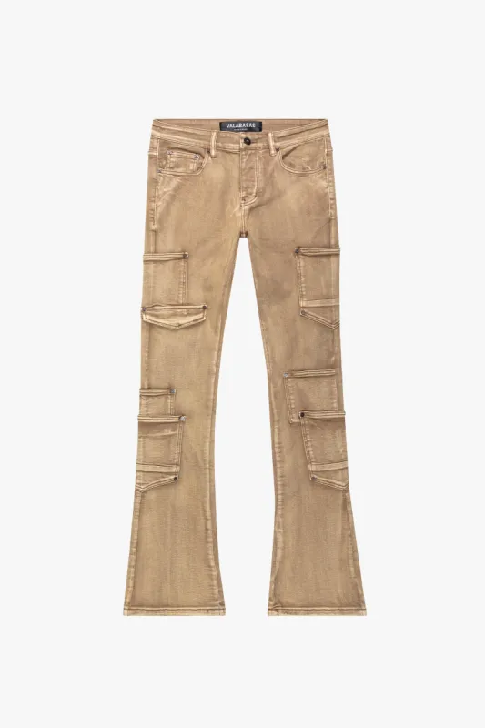 "POCROS" LT BROWN WASH STACKED FLARE JEAN sold by valabasas