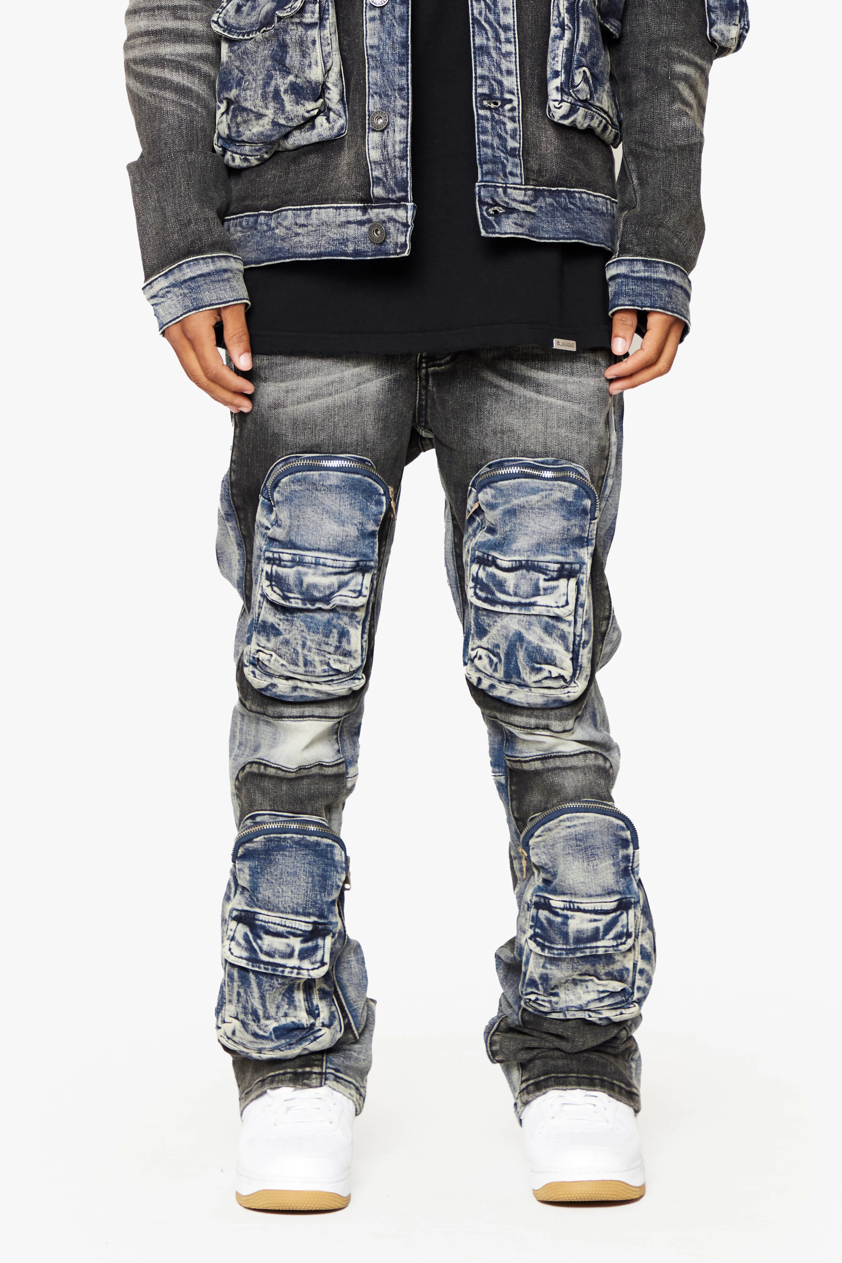 "DUAL SOLDIER" STACKED FLARE JEANS BLACK BLUE sold by valabasas