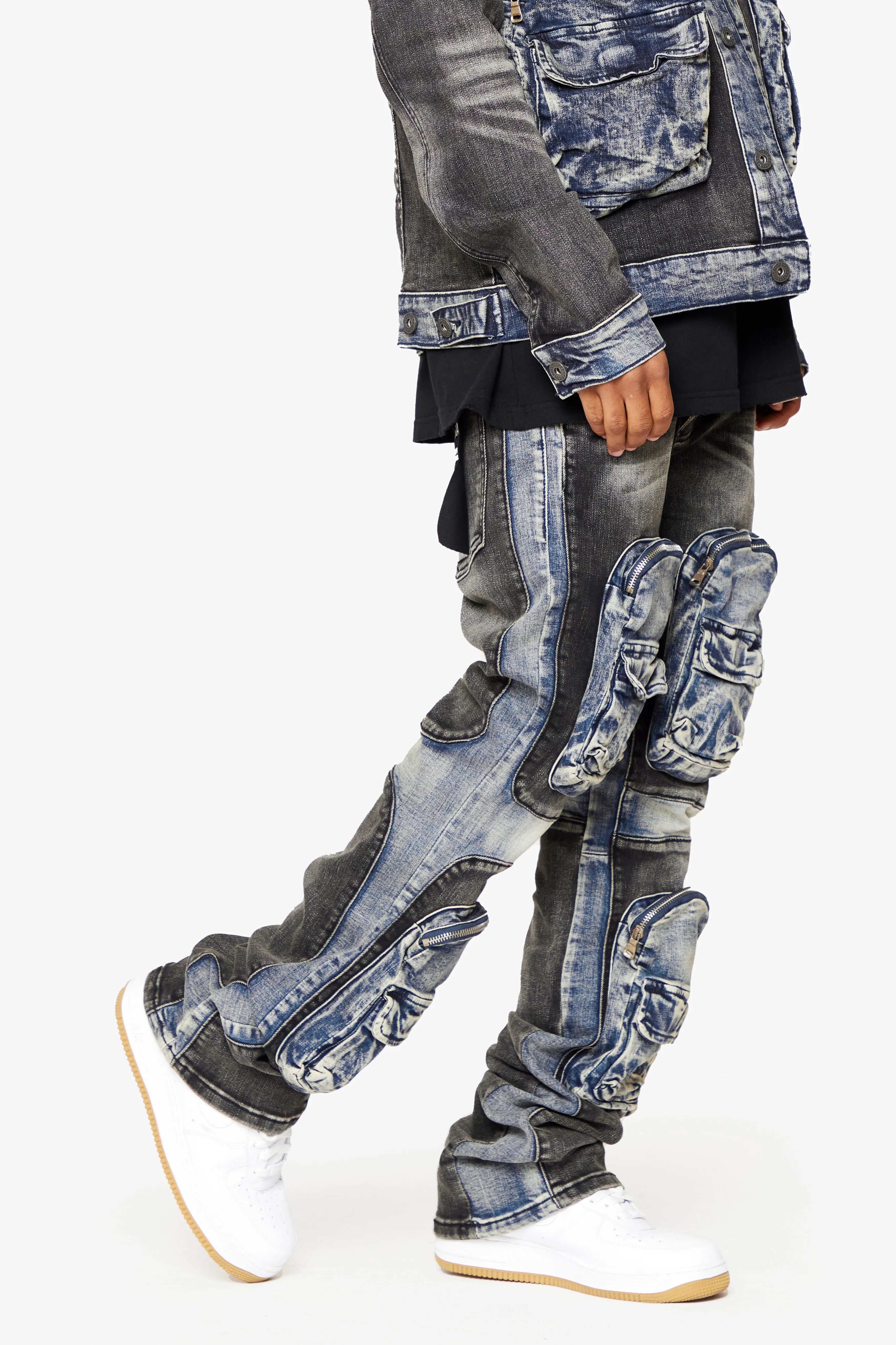 "DUAL SOLDIER" STACKED FLARE JEANS BLACK BLUE sold by valabasas product image thumbnail 3