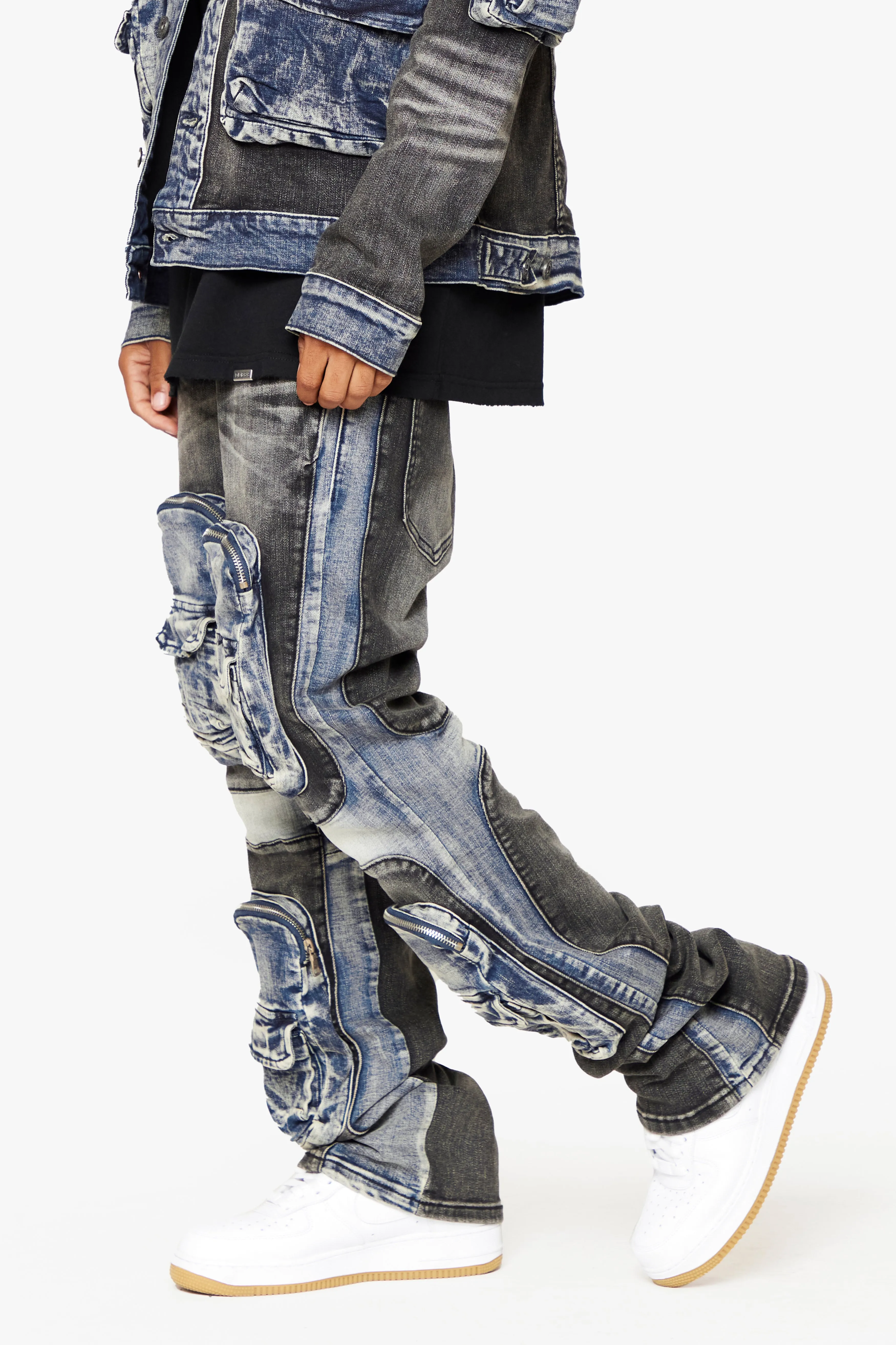 "DUAL SOLDIER" STACKED FLARE JEANS BLACK BLUE sold by valabasas product image thumbnail 4
