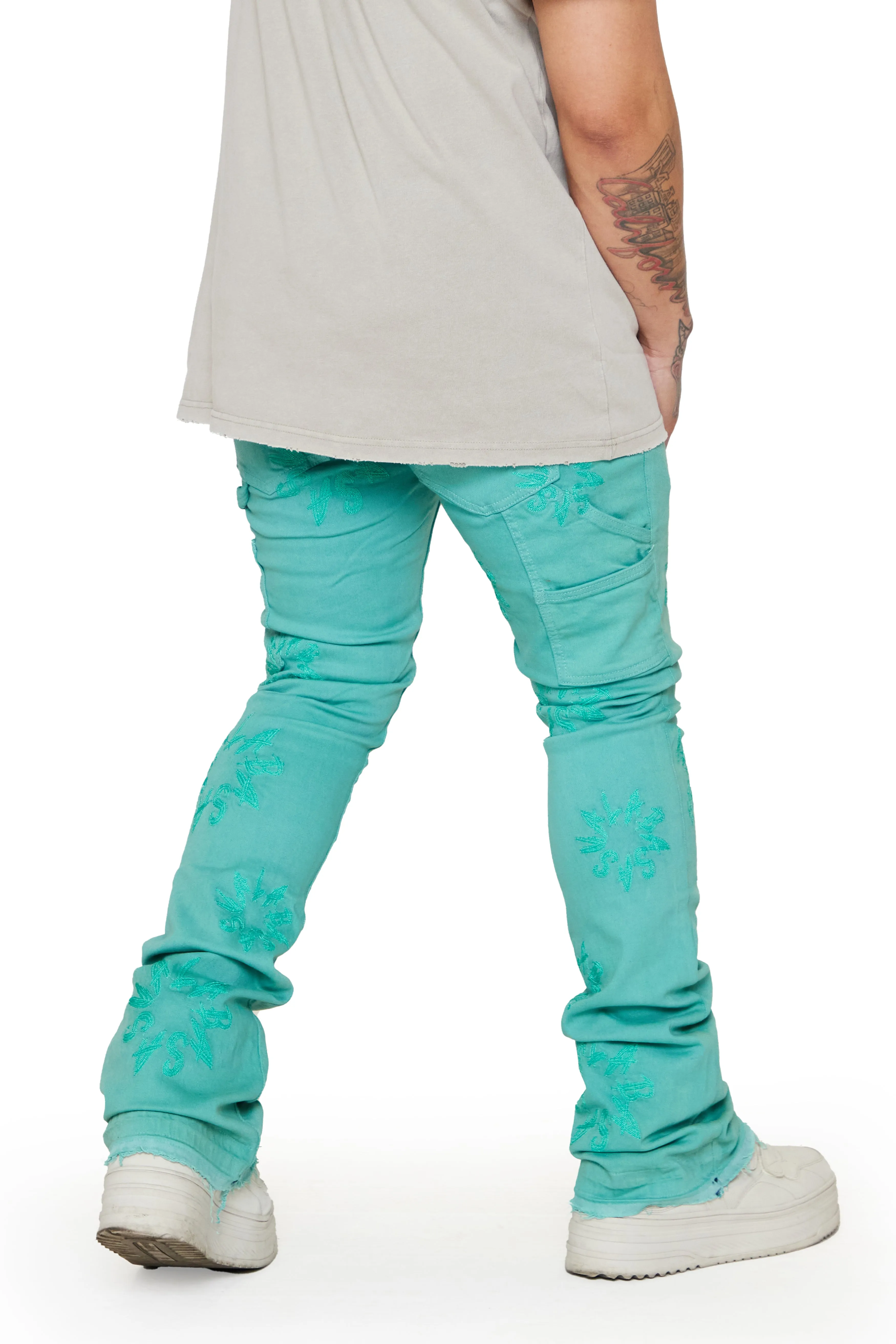 “ART” LIME STACKED FLARE JEAN sold by valabasas