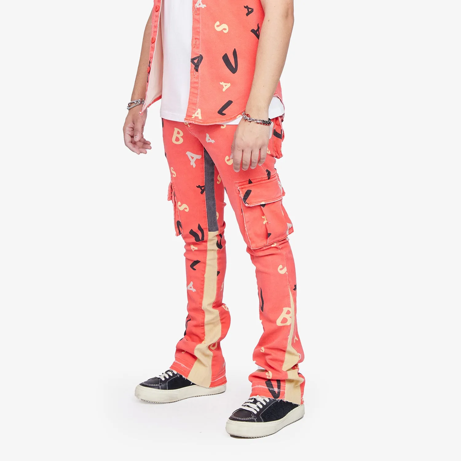 “PUZZLED” RED V CAMO STACKED FLARE JEAN sold by valabasas product image thumbnail 4