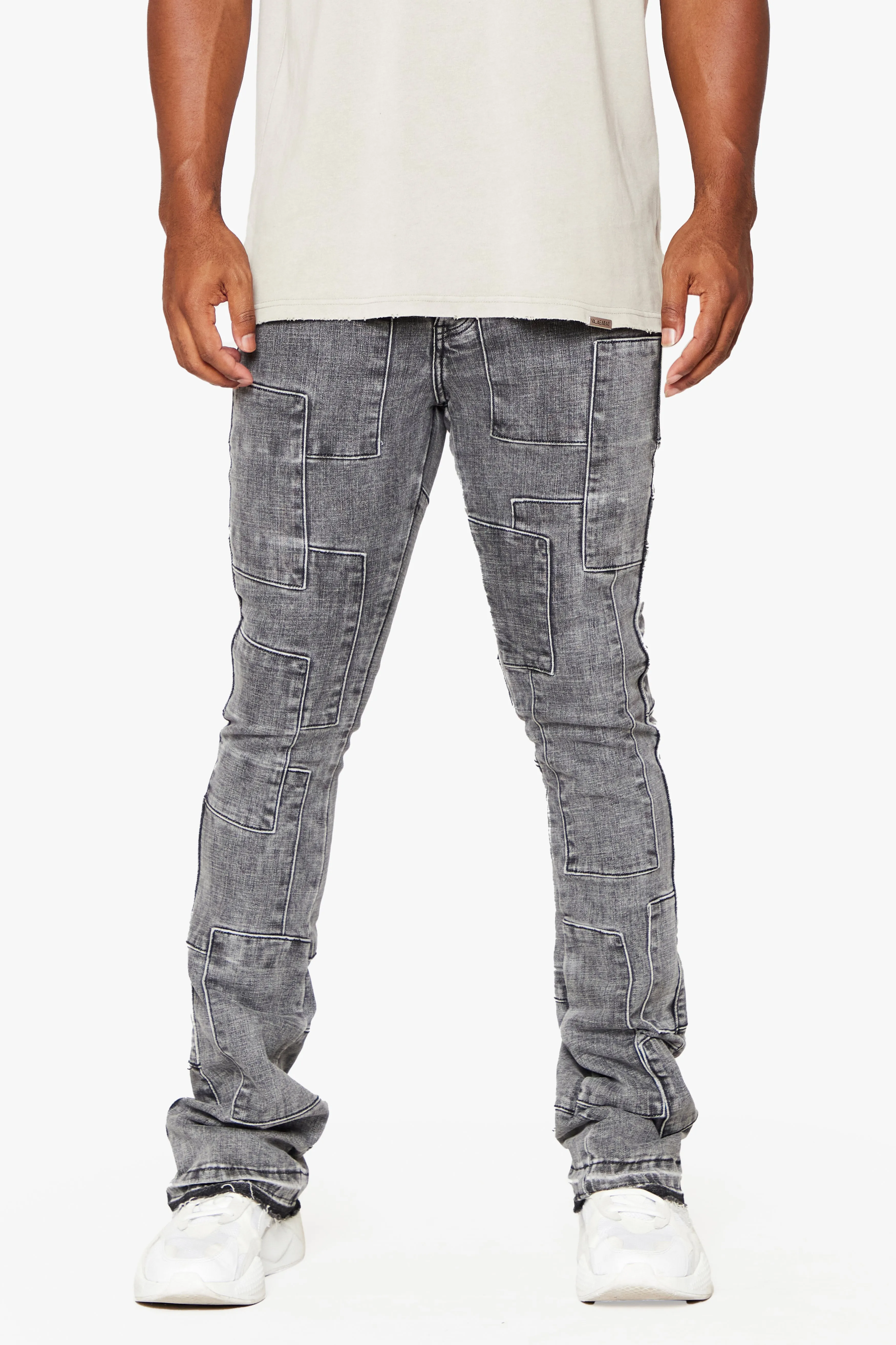 "BRICKS" STACKED FLARE JEAN LT GREY sold by valabasas