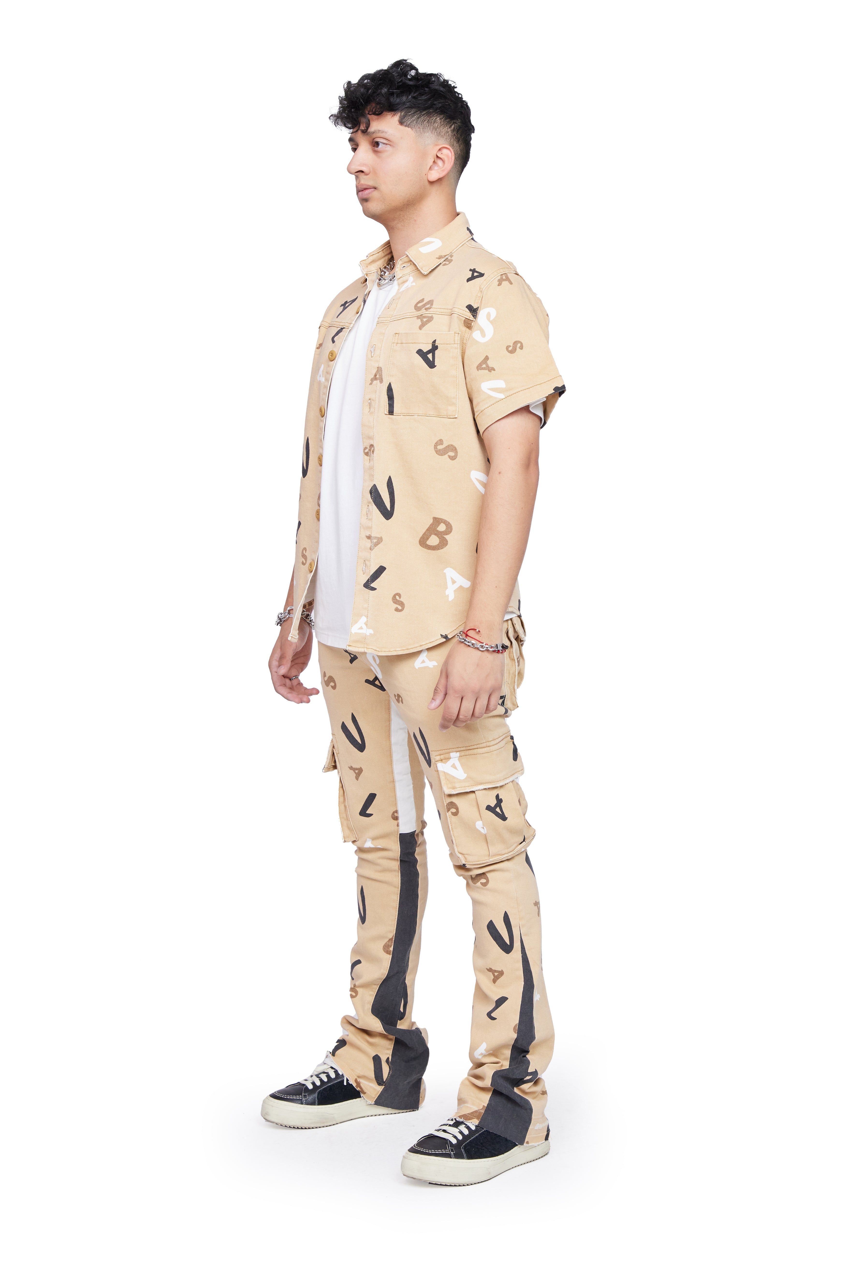 “PUZZLED” KHAKI V CAMO STACKED FLARE JEAN sold by valabasas product image thumbnail 4