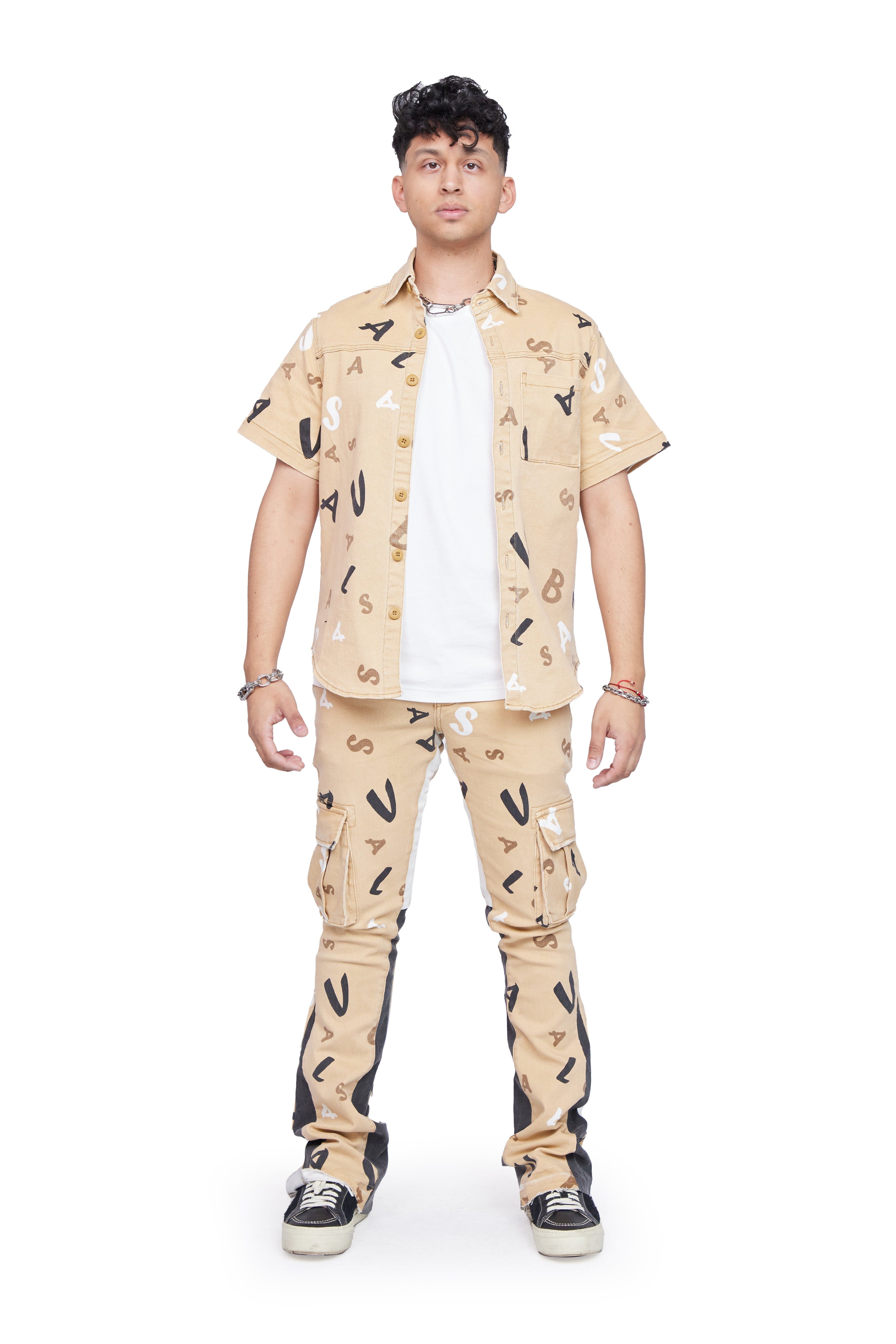 “PUZZLED” KHAKI V CAMO STACKED FLARE JEAN sold by valabasas product image thumbnail 3