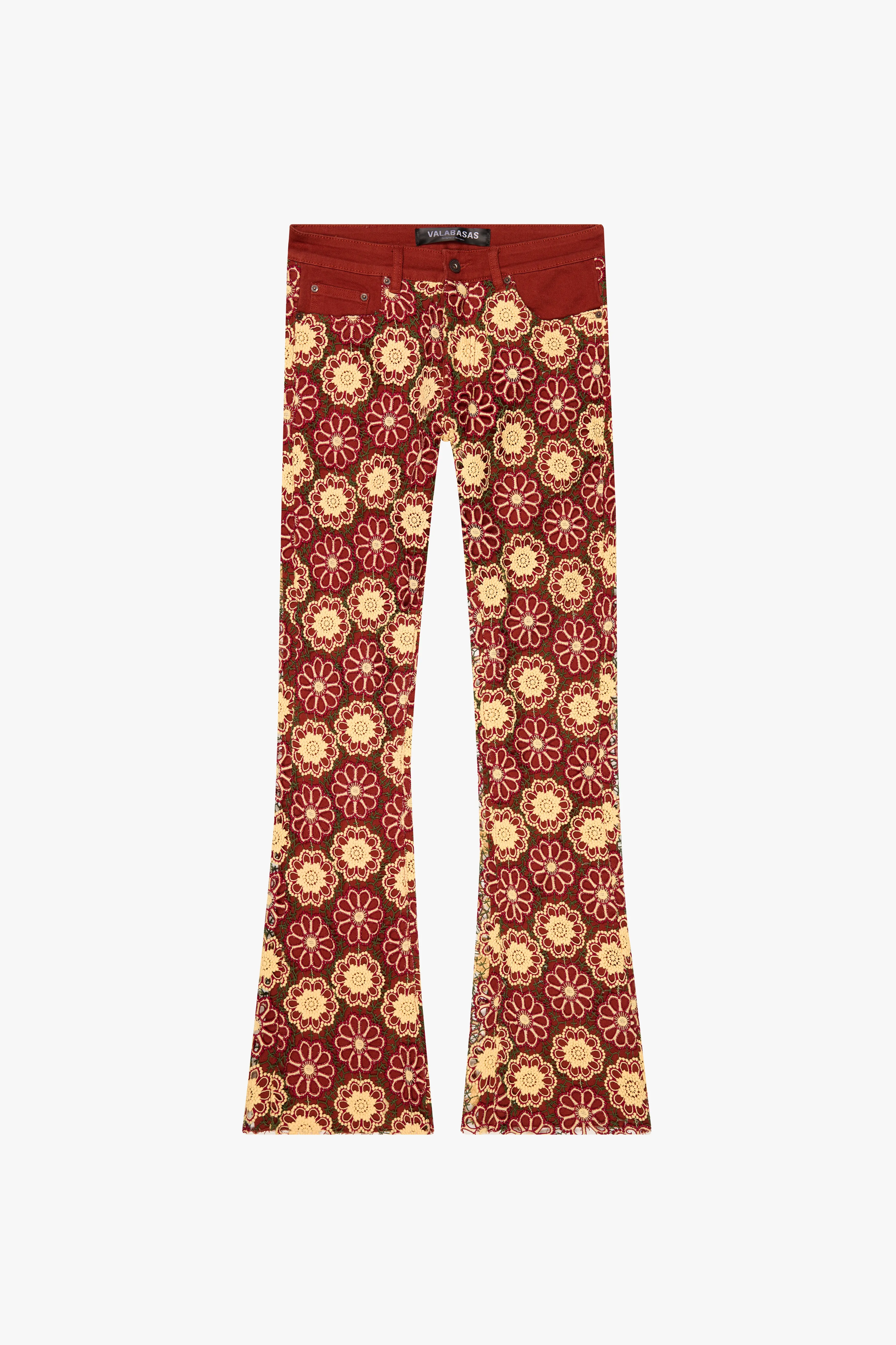 "HONEYCOMB" STACKED FLARE JEAN TANGERINE RED sold by valabasas