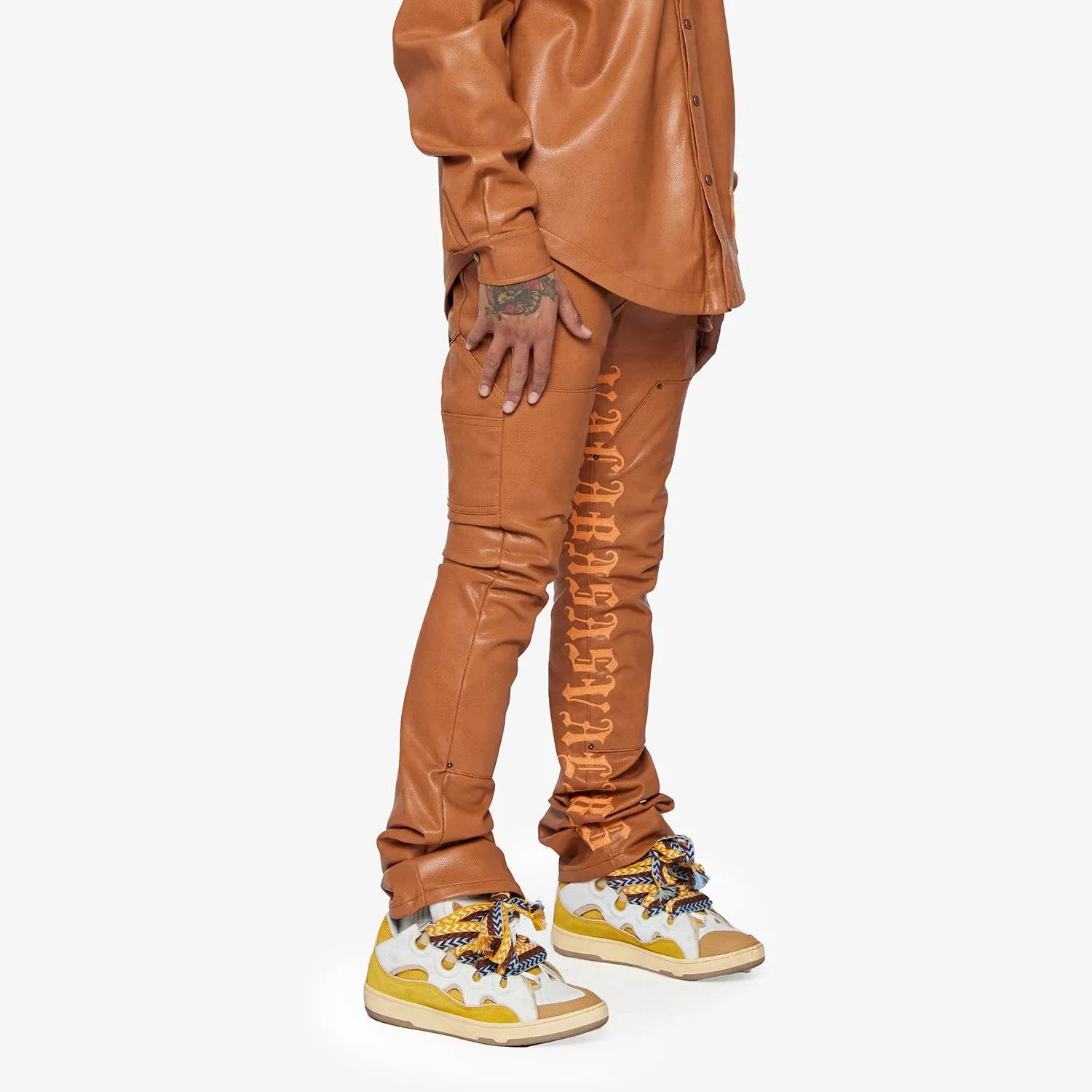"SUPERIOR WORLD" WHEAT LEATHER STACKED FLARE JEAN sold by valabasas product image thumbnail 5