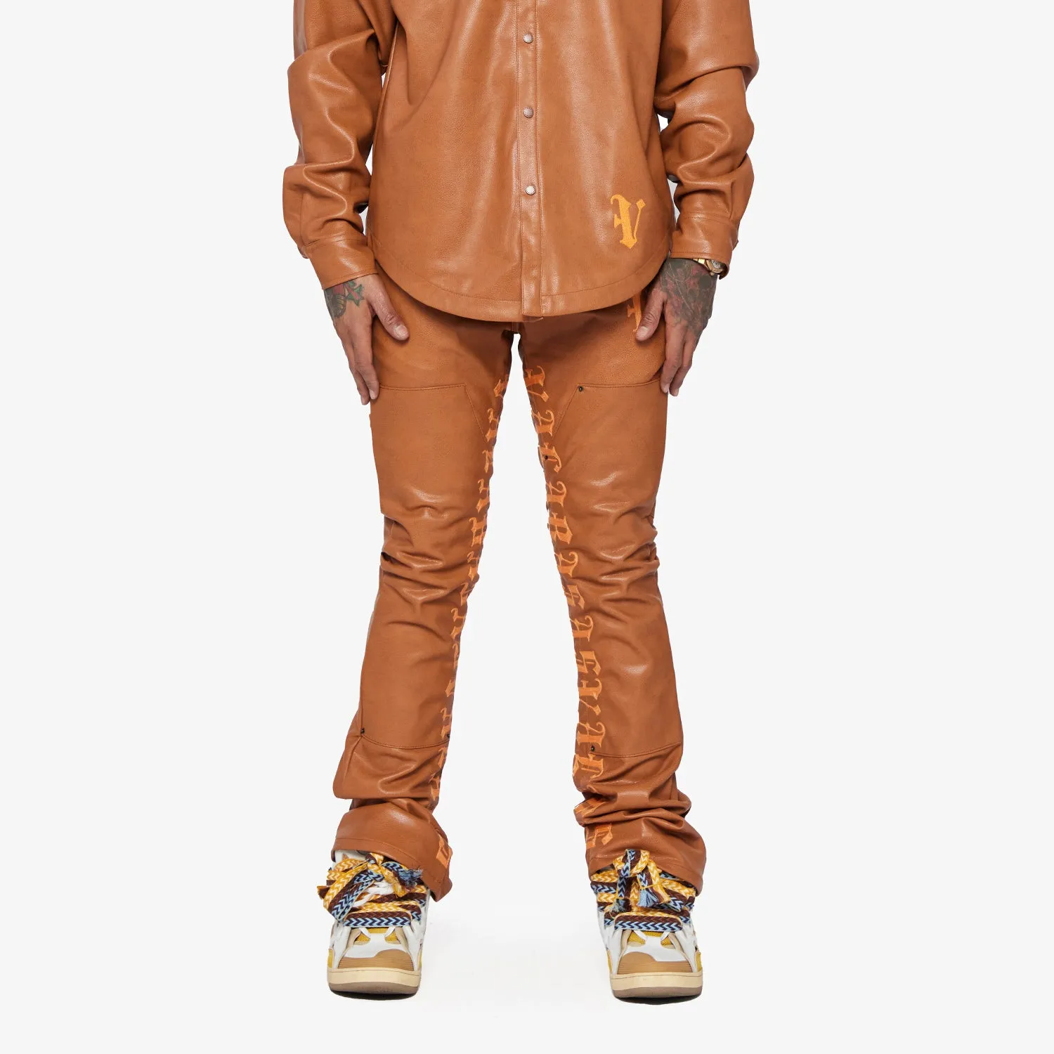 "SUPERIOR WORLD" WHEAT LEATHER STACKED FLARE JEAN sold by valabasas product image thumbnail 2