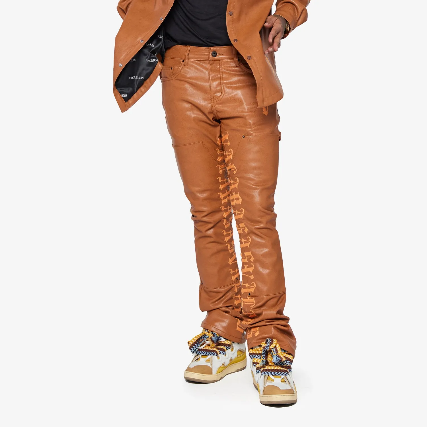 "SUPERIOR WORLD" WHEAT LEATHER STACKED FLARE JEAN sold by valabasas