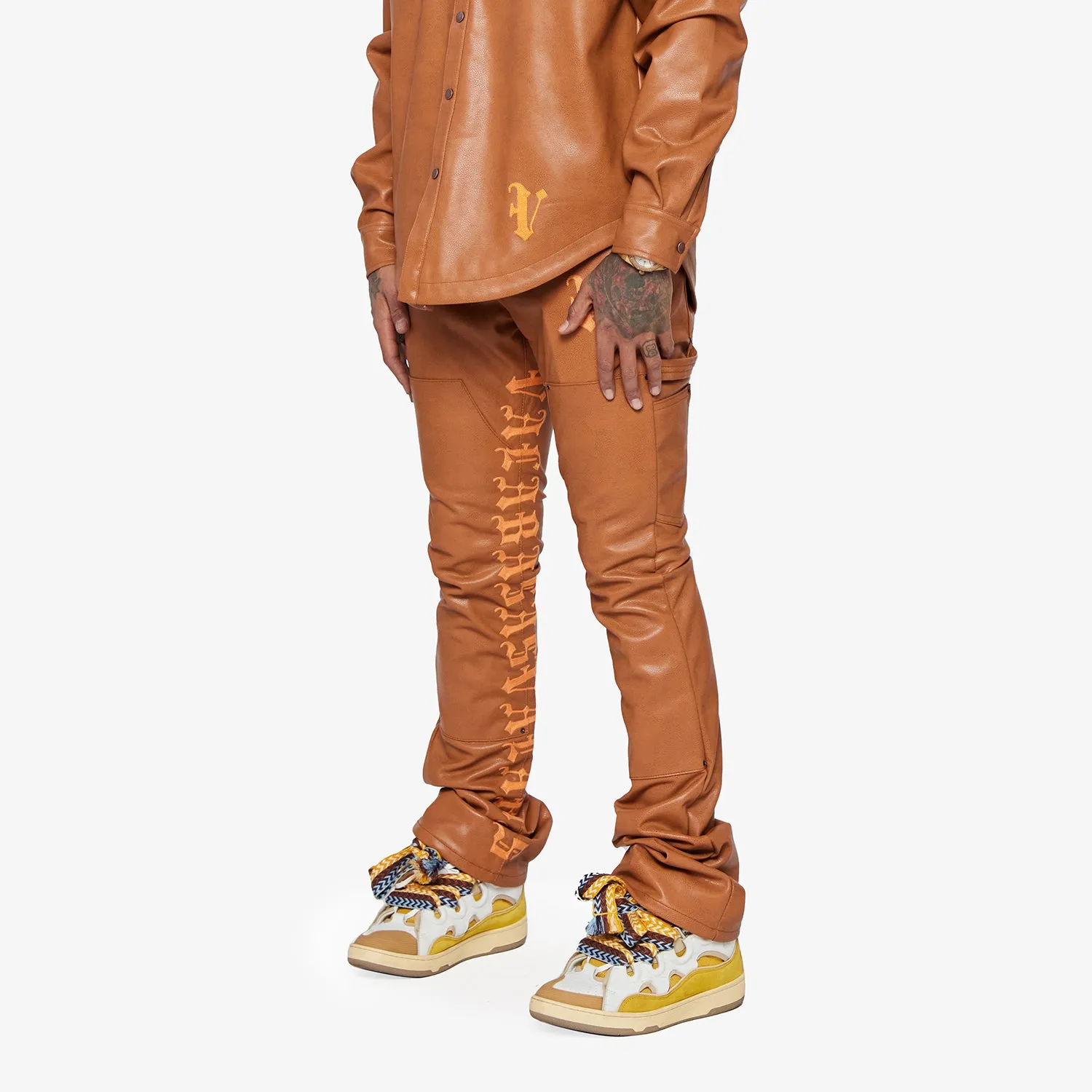"SUPERIOR WORLD" WHEAT LEATHER STACKED FLARE JEAN sold by valabasas product image thumbnail 3